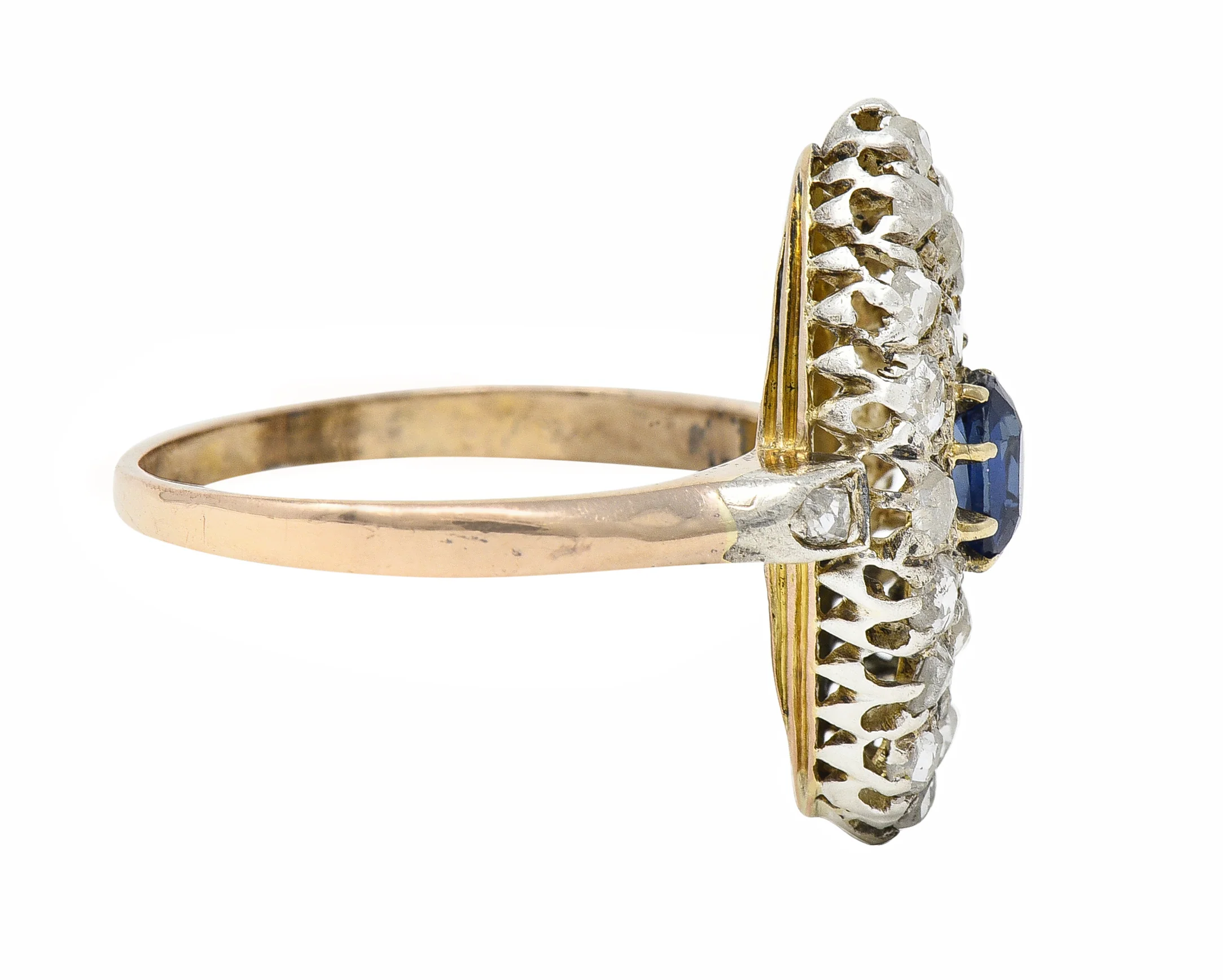 Victorian 1.84 CTW Cushion Cut Sapphire Diamond Silver-Topped 18 Karat Rose Gold Antique Navette Cluster Ring - Image 3