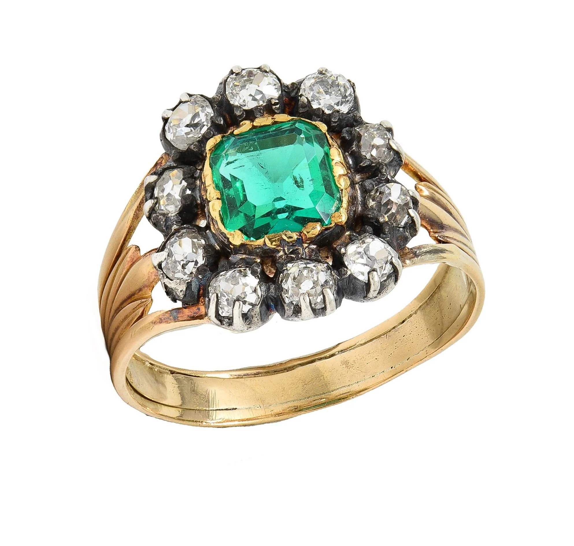 Victorian 1.87 CTW Emerald Diamond Silver 14 Karat Yellow Gold Antique Halo Ring GIA - Image 10