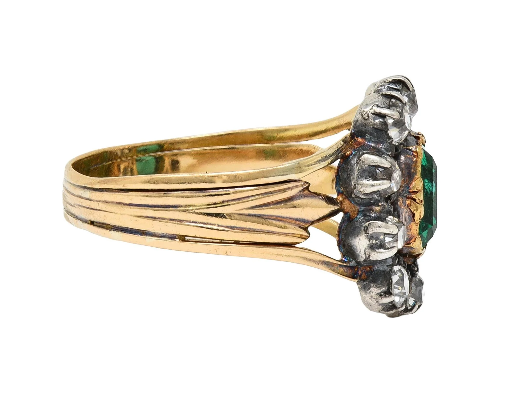 Victorian 1.87 CTW Emerald Diamond Silver 14 Karat Yellow Gold Antique Halo Ring GIA - Image 4