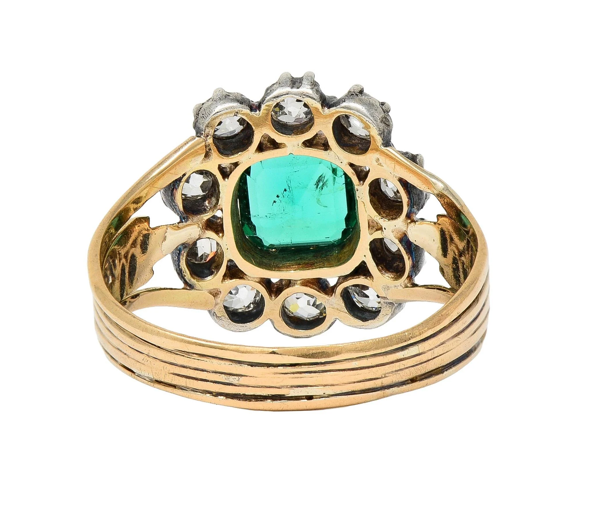 Victorian 1.87 CTW Emerald Diamond Silver 14 Karat Yellow Gold Antique Halo Ring GIA - Image 5