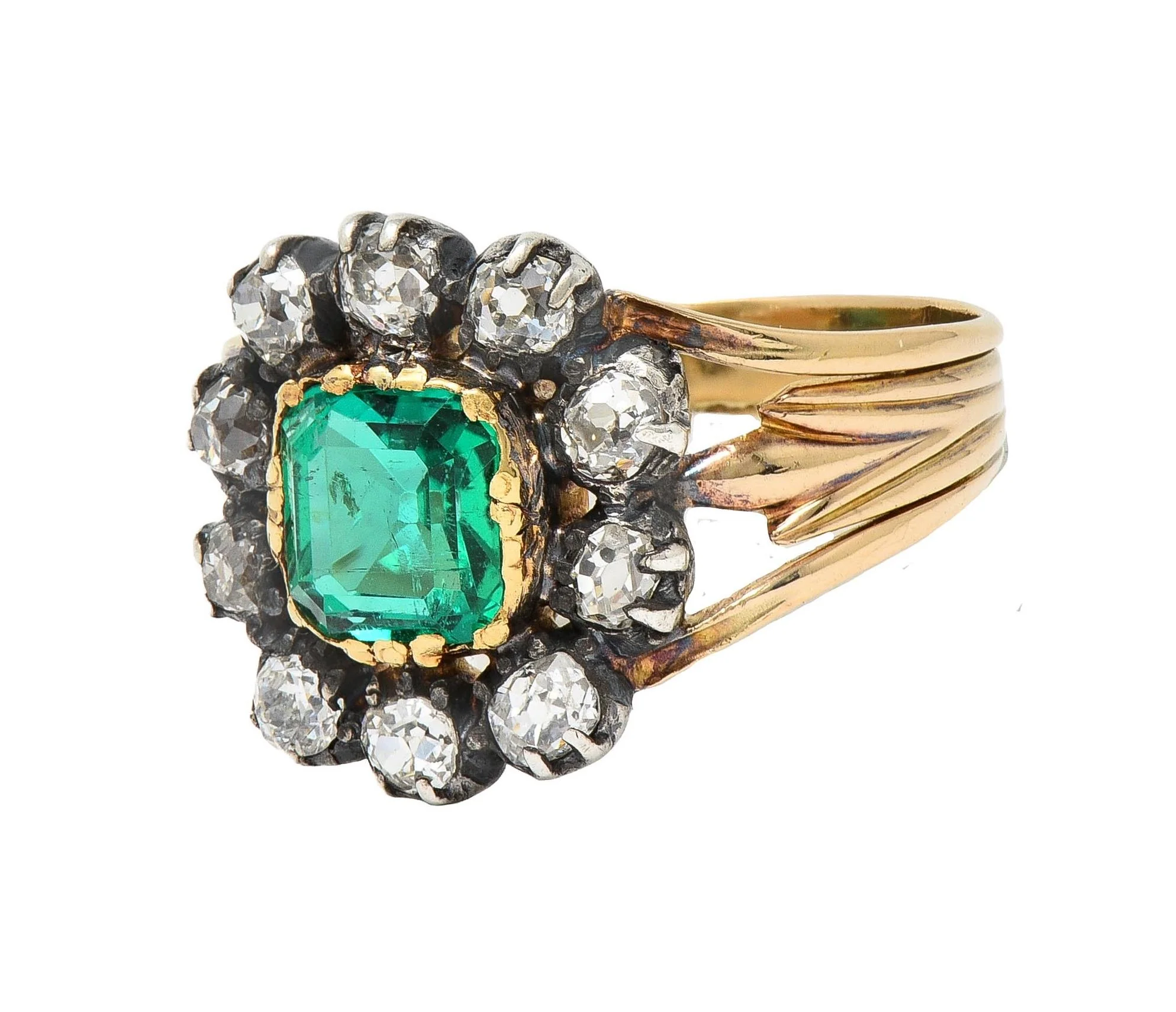 Victorian 1.87 CTW Emerald Diamond Silver 14 Karat Yellow Gold Antique Halo Ring GIA - Image 6