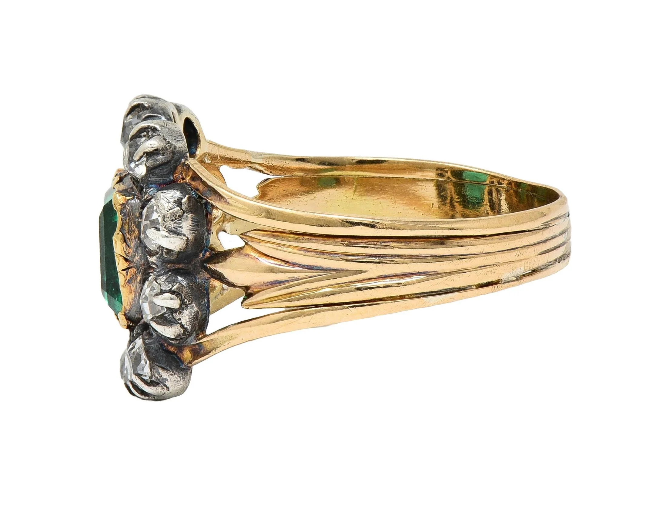 Victorian 1.87 CTW Emerald Diamond Silver 14 Karat Yellow Gold Antique Halo Ring GIA - Image 7