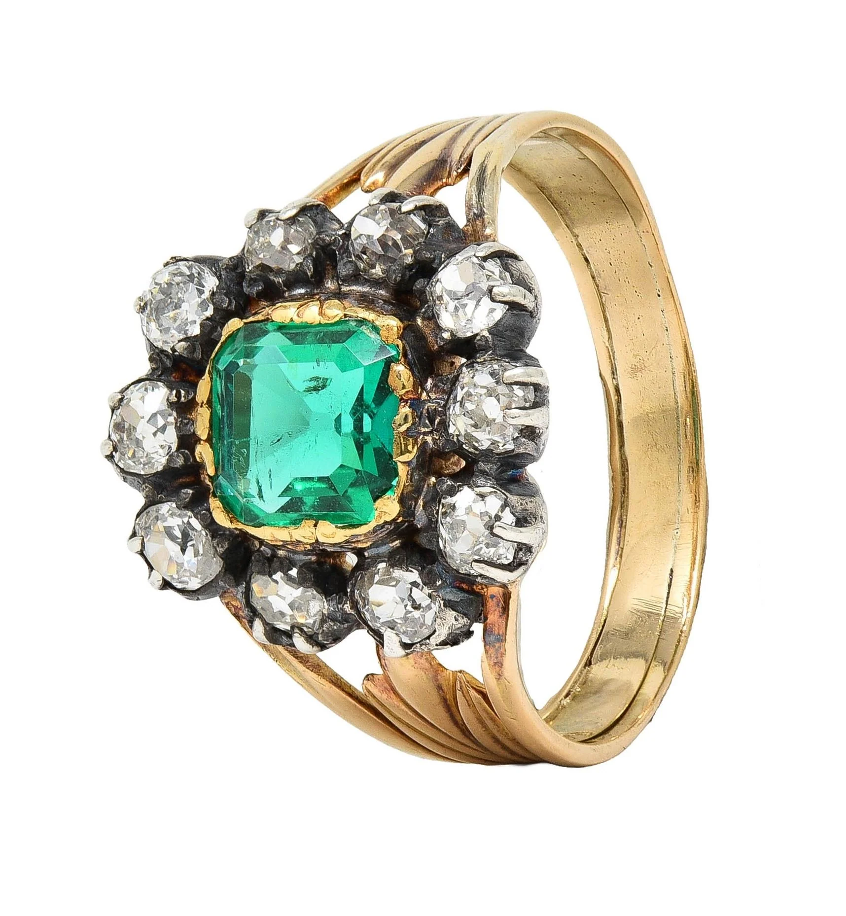 Victorian 1.87 CTW Emerald Diamond Silver 14 Karat Yellow Gold Antique Halo Ring GIA - Image 8
