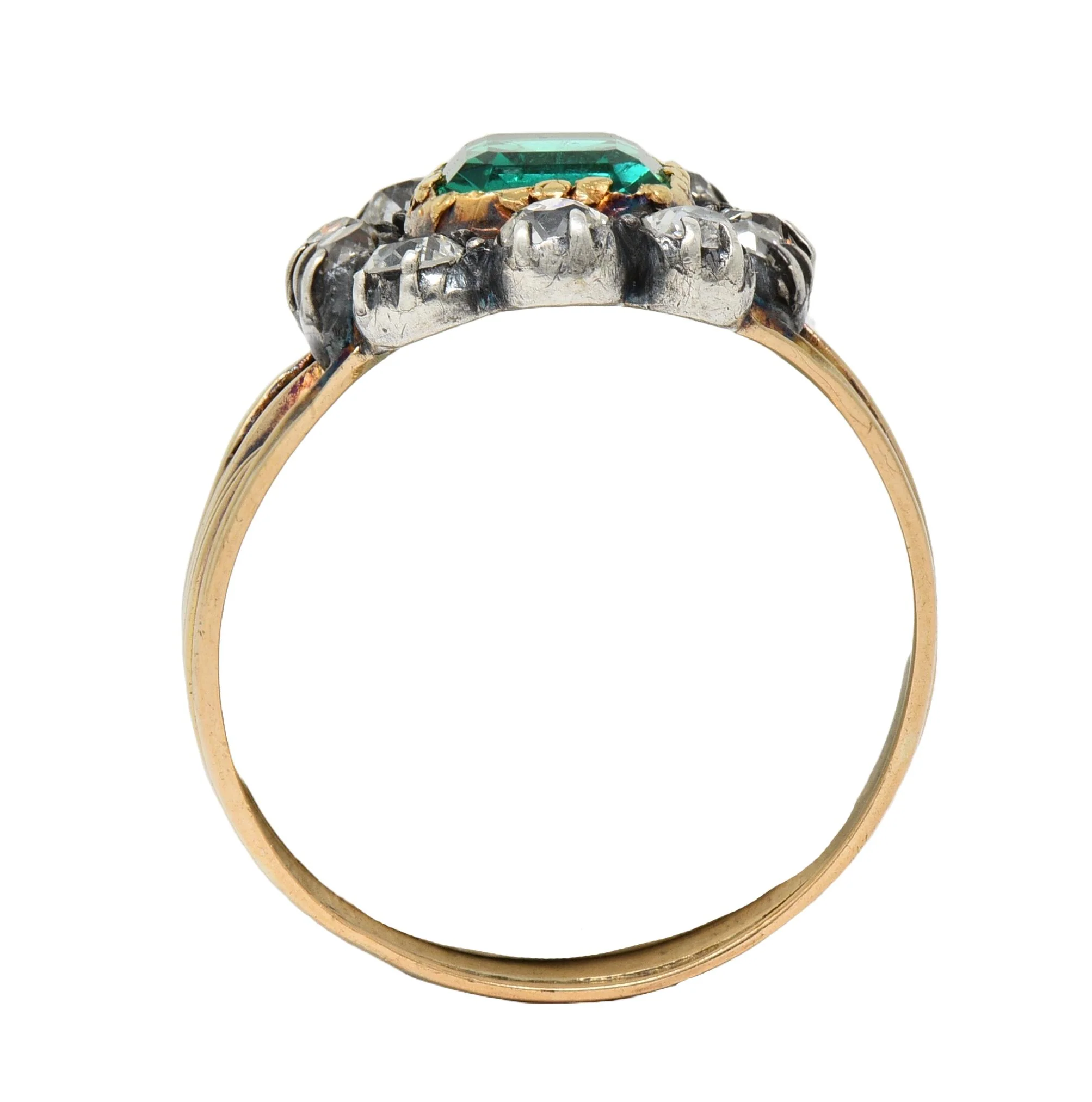 Victorian 1.87 CTW Emerald Diamond Silver 14 Karat Yellow Gold Antique Halo Ring GIA - Image 9