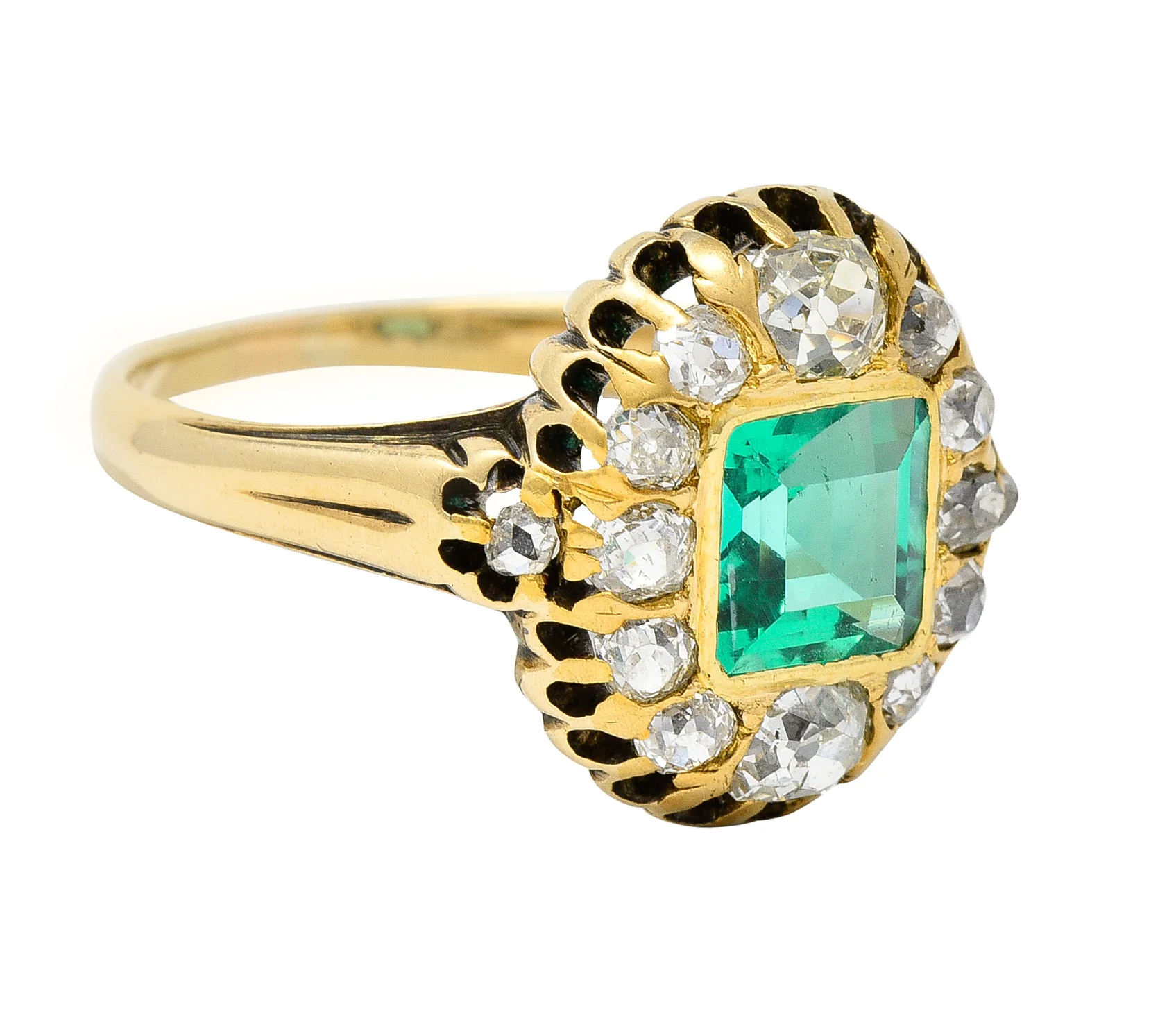 Victorian 1.88 CTW No Oil Colombian Emerald Old Mine Cut Diamond 14 Karat Yellow Gold Antique Halo Ring GIA - Image 2