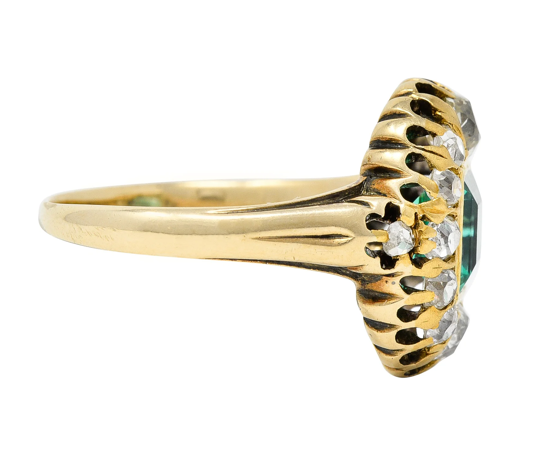 Victorian 1.88 CTW No Oil Colombian Emerald Old Mine Cut Diamond 14 Karat Yellow Gold Antique Halo Ring GIA - Image 3