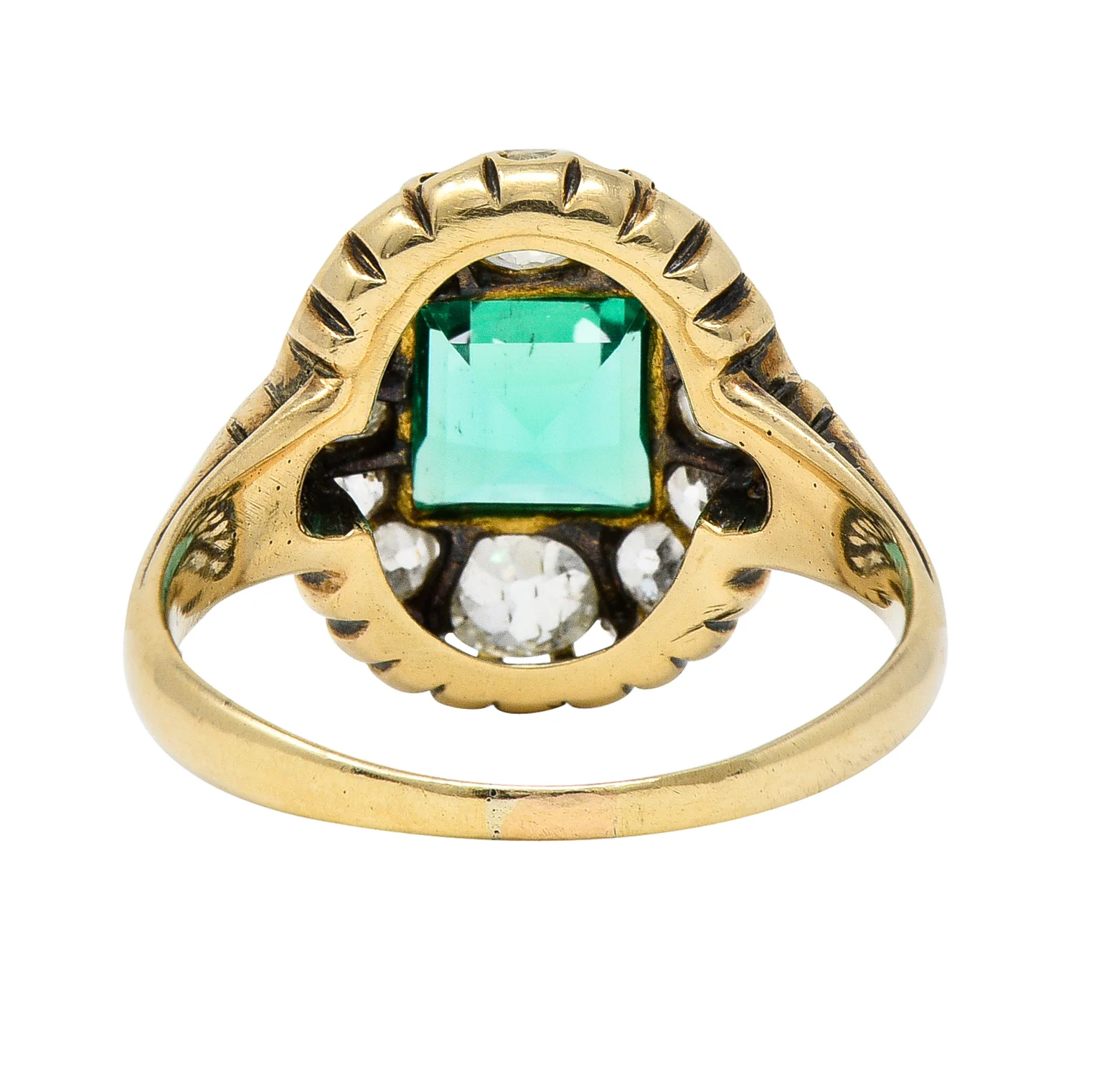 Victorian 1.88 CTW No Oil Colombian Emerald Old Mine Cut Diamond 14 Karat Yellow Gold Antique Halo Ring GIA - Image 4