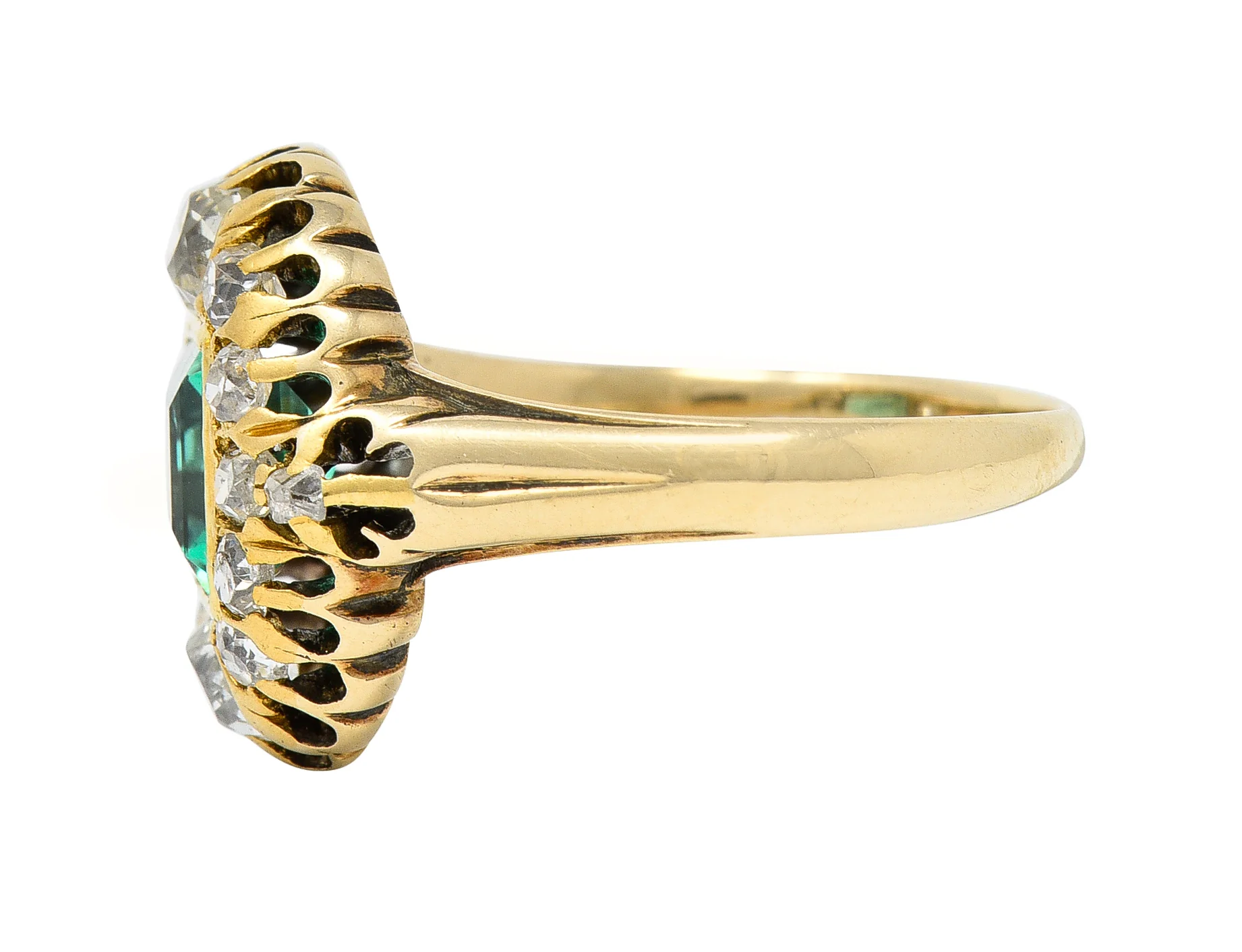 Victorian 1.88 CTW No Oil Colombian Emerald Old Mine Cut Diamond 14 Karat Yellow Gold Antique Halo Ring GIA - Image 5