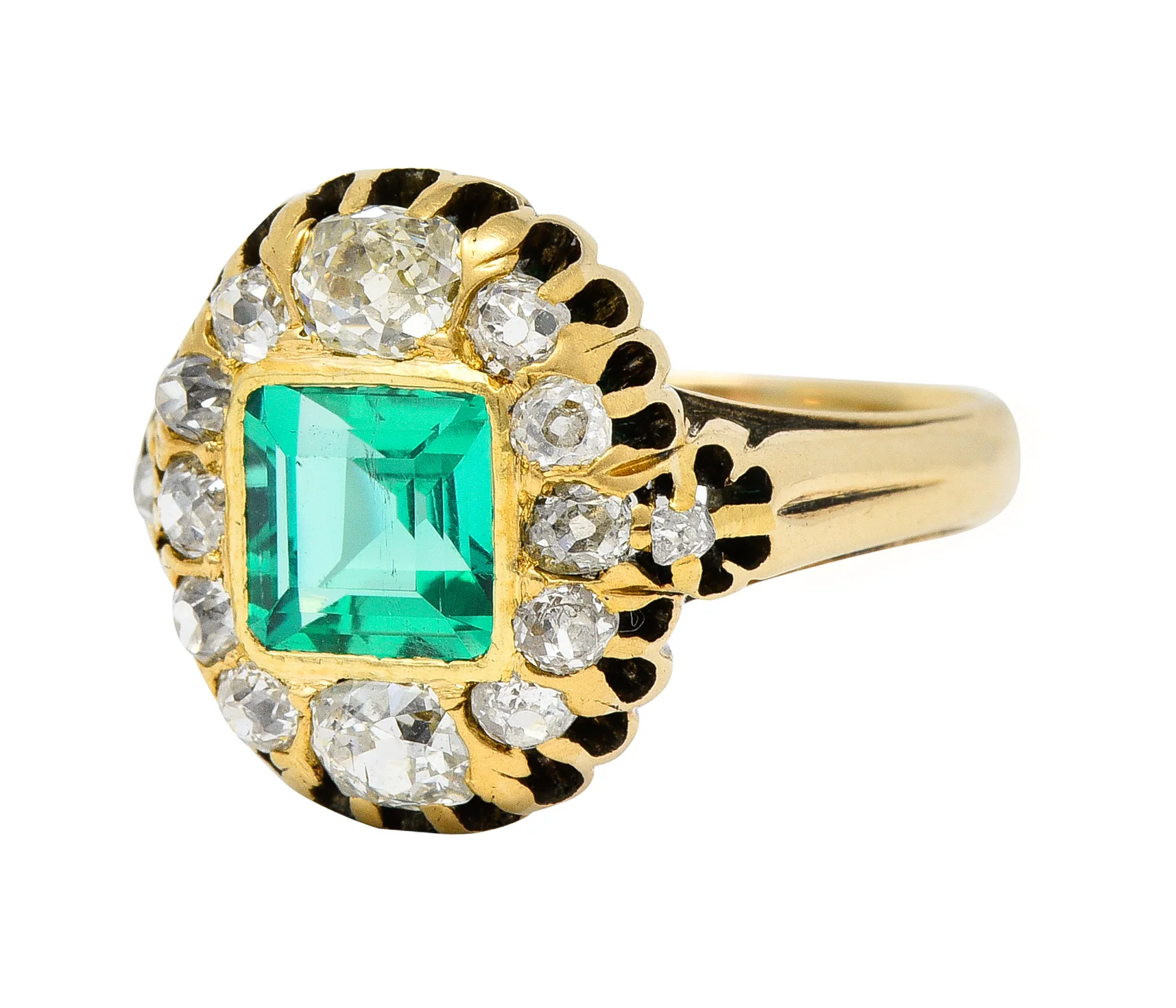Victorian 1.88 CTW No Oil Colombian Emerald Old Mine Cut Diamond 14 Karat Yellow Gold Antique Halo Ring GIA - Image 6