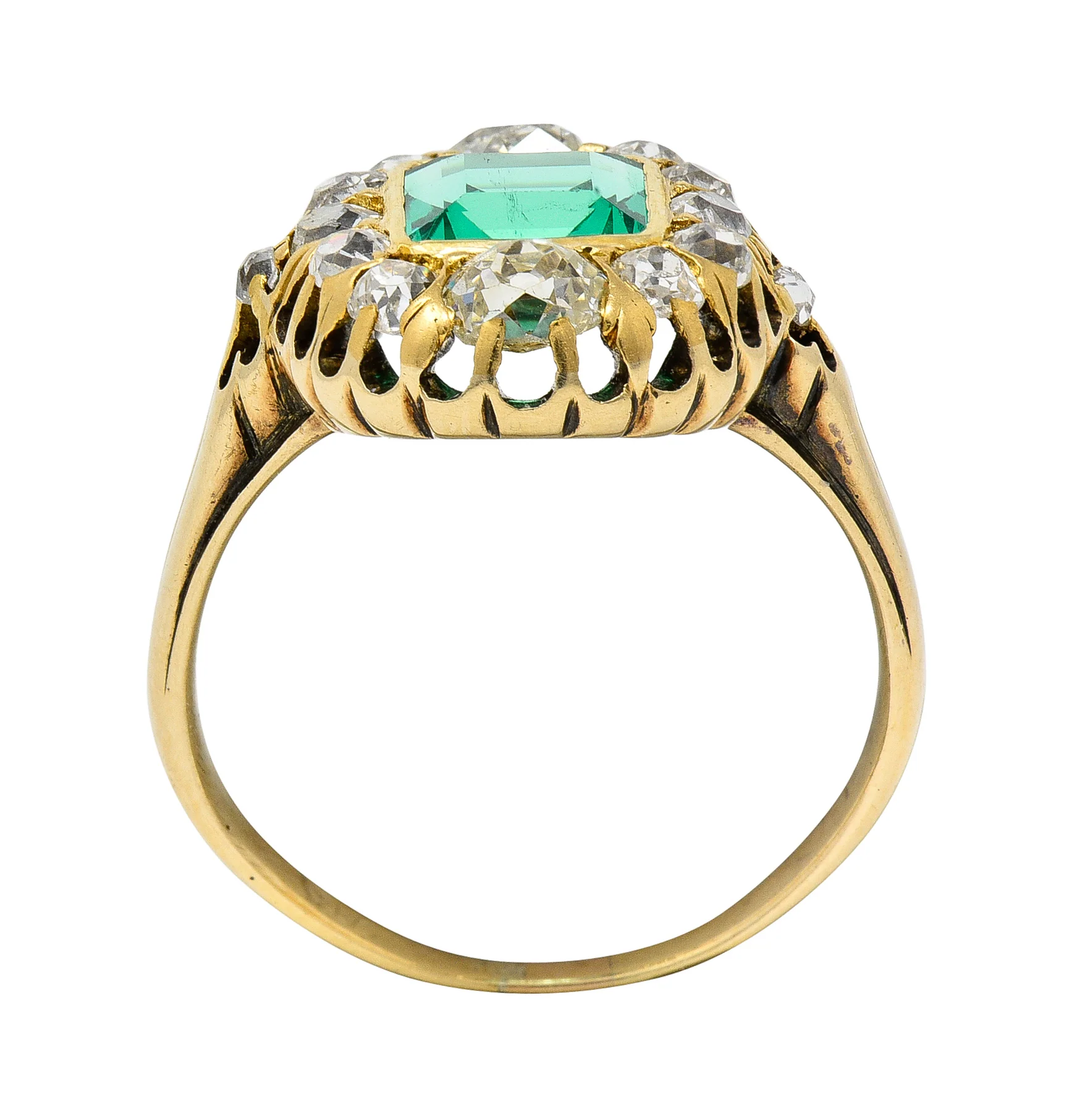 Victorian 1.88 CTW No Oil Colombian Emerald Old Mine Cut Diamond 14 Karat Yellow Gold Antique Halo Ring GIA - Image 7