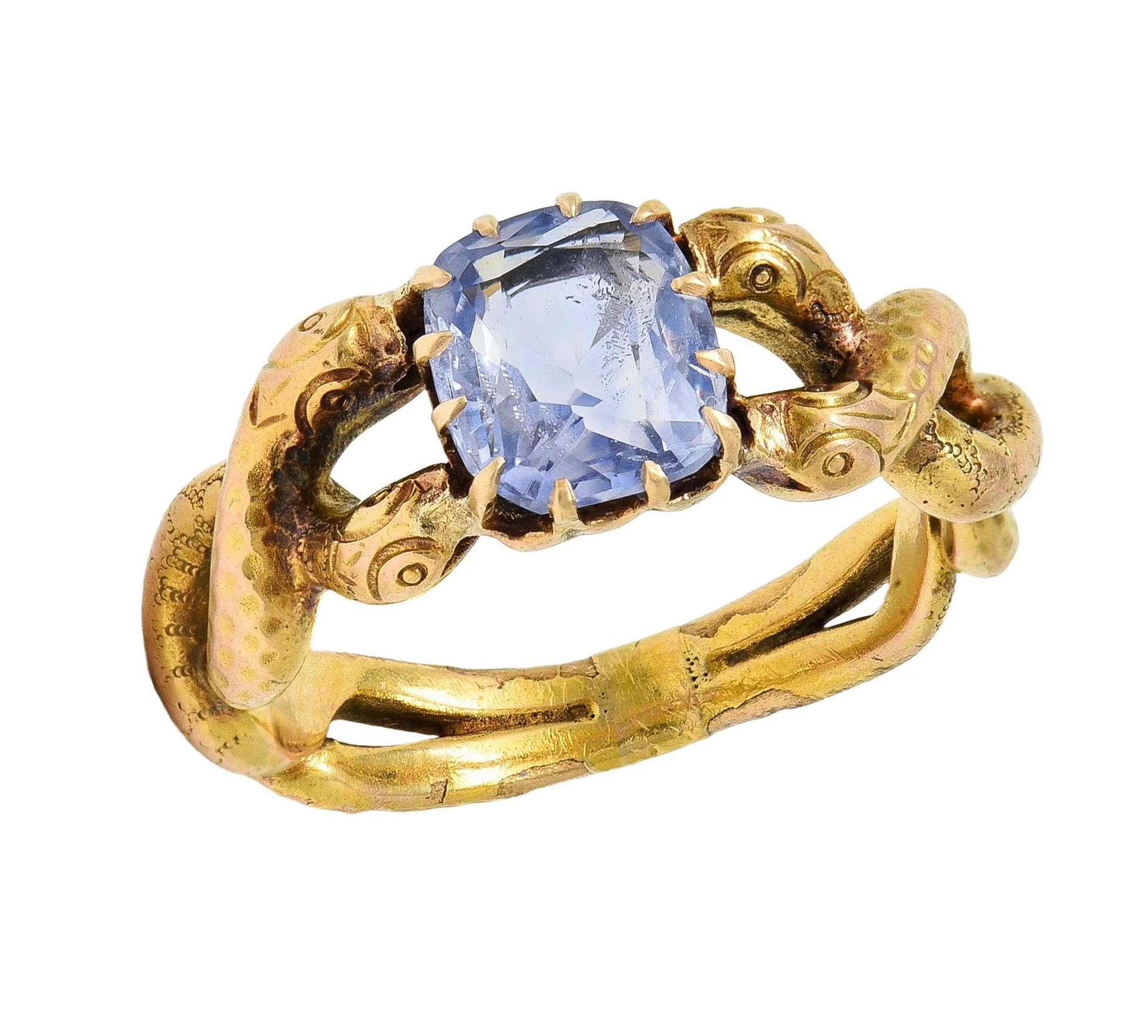 Victorian 1.92 CTW Sapphire 14 Karat Yellow Gold Antique Love Knot Unisex Snake Ring - Image 9