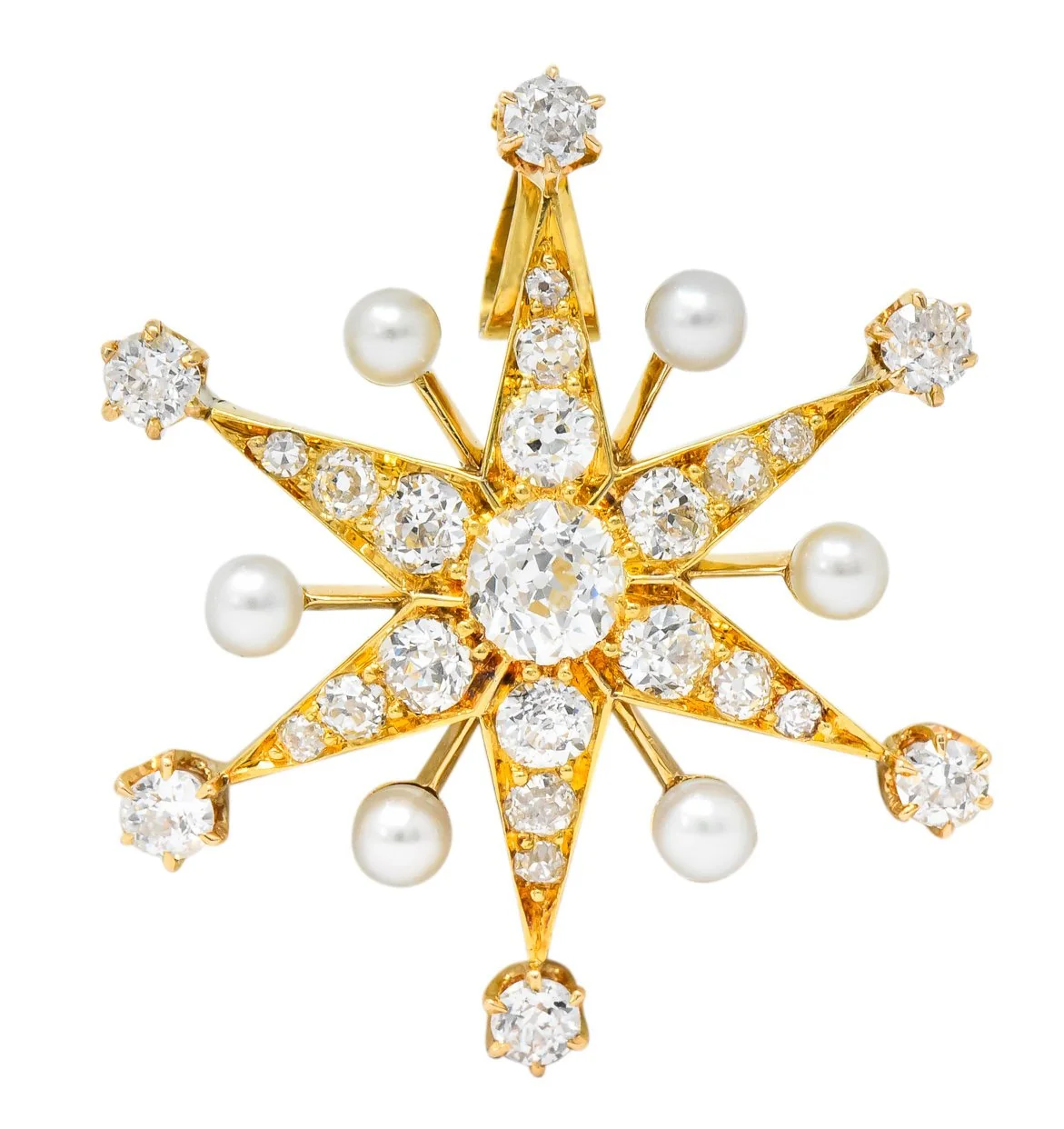 Victorian 1.95 CTW Diamond Pearl 14 Karat Gold Star Sunburst Pendant - Image 6
