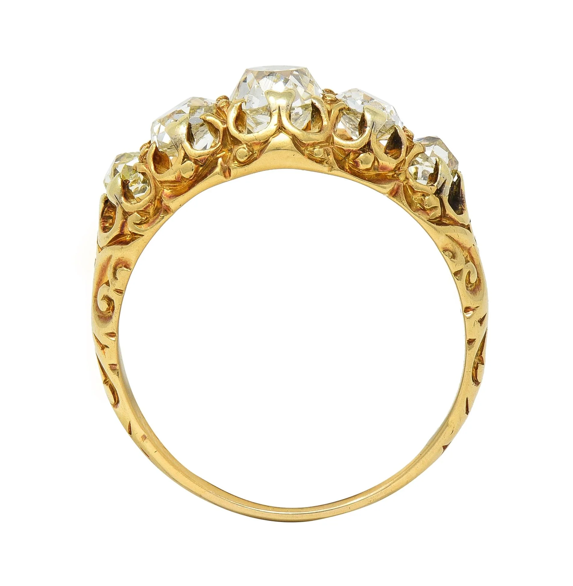 Victorian 1.98 CTW Old Mine Cut Diamond 14 Karat Gold Five Stone Antique Band Ring - Image 9