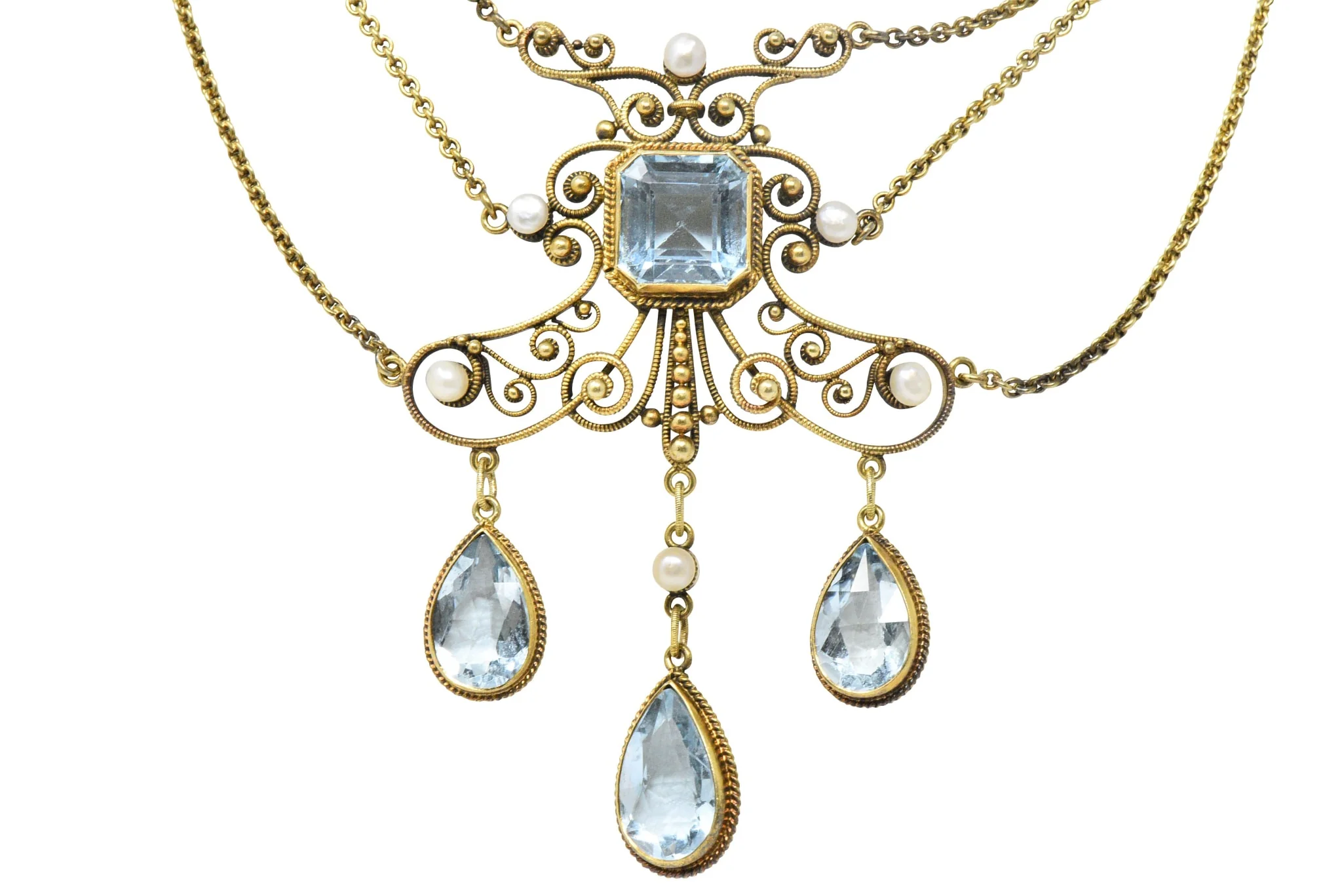 Victorian 10.00 CTW Aquamarine Seed Pearl 14 Karat Gold Swag Necklace - Image 3