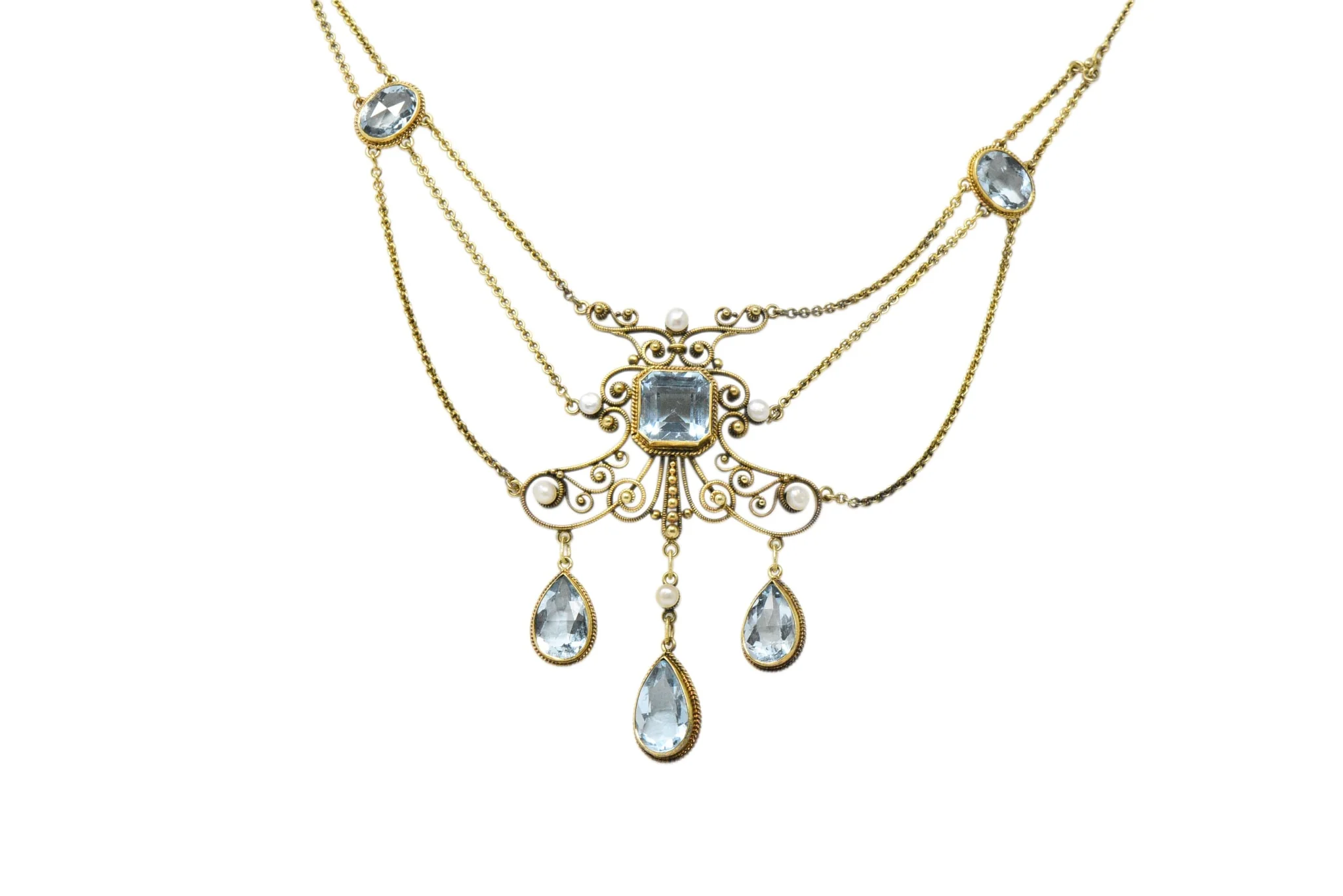 Victorian 10.00 CTW Aquamarine Seed Pearl 14 Karat Gold Swag Necklace - Image 5