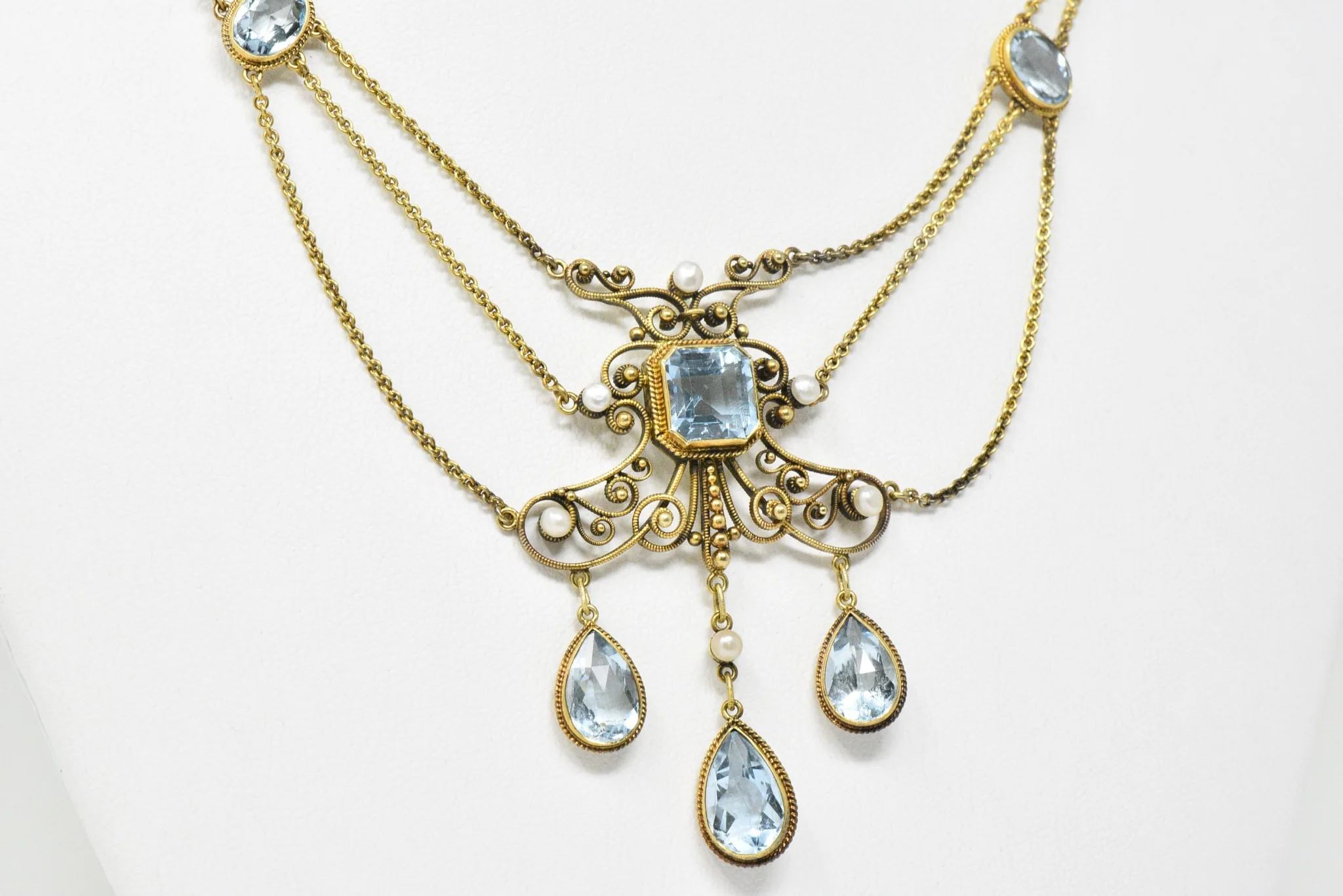 Victorian 10.00 CTW Aquamarine Seed Pearl 14 Karat Gold Swag Necklace - Image 7