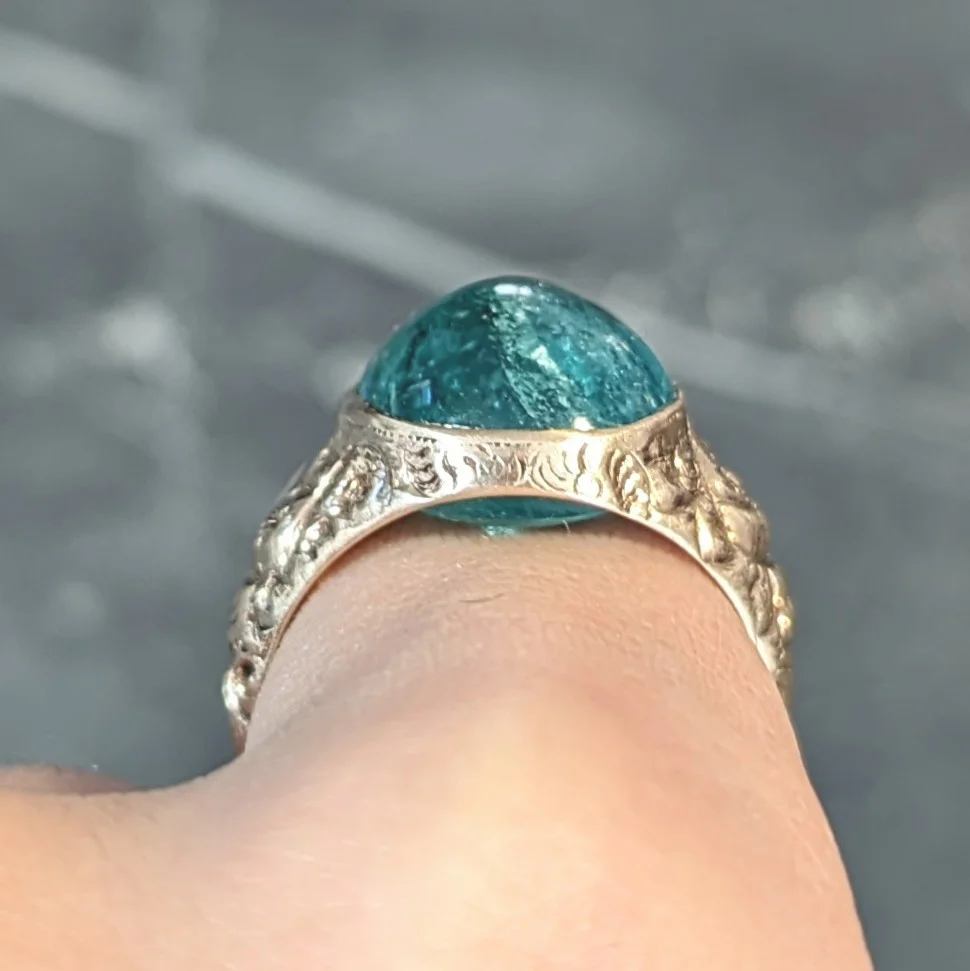 Victorian 10.16 CTW Emerald Cabochon 14 Karat Gold Scroll Antique Signet Ring - Image 12