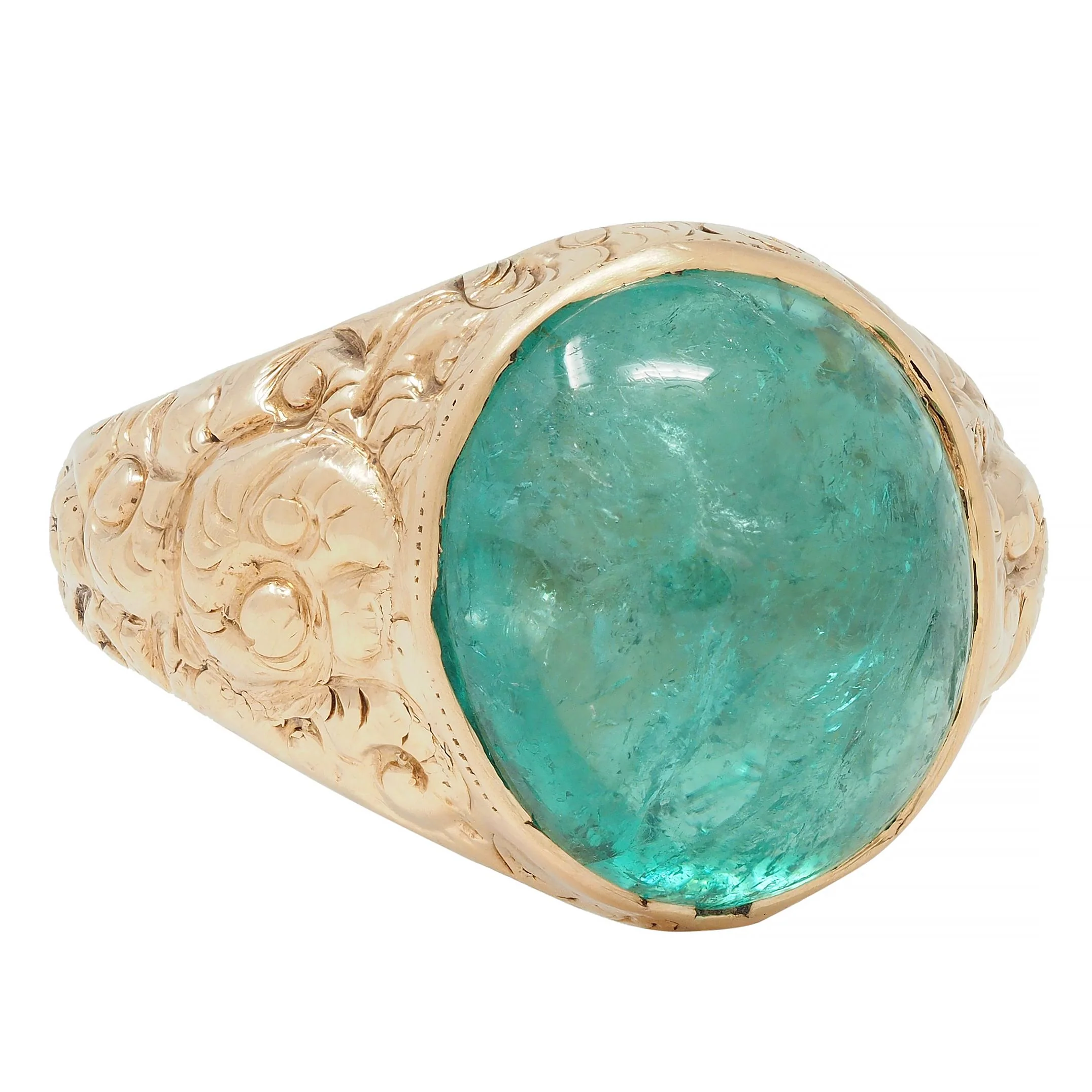 Victorian 10.16 CTW Emerald Cabochon 14 Karat Gold Scroll Antique Signet Ring - Image 3
