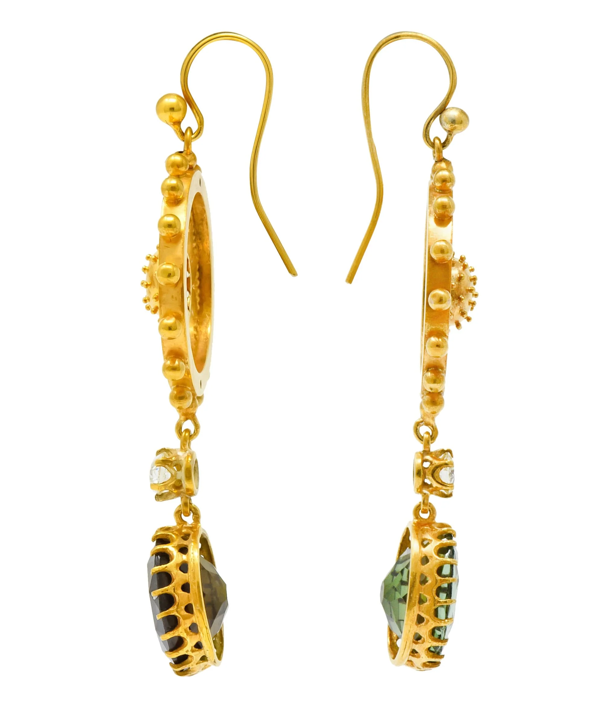 Victorian 10.36 CTW Tourmaline Diamond 14 Karat Gold Floral Drop Earrings - Image 3