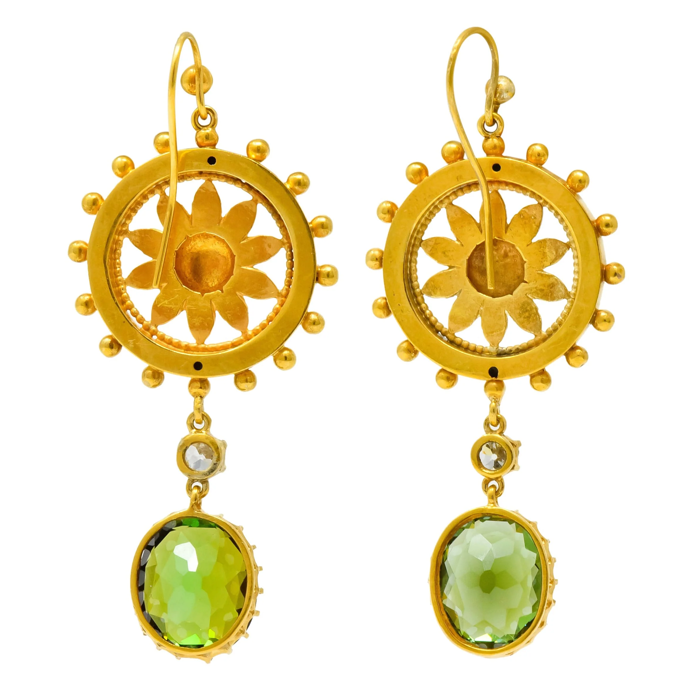 Victorian 10.36 CTW Tourmaline Diamond 14 Karat Gold Floral Drop Earrings - Image 5