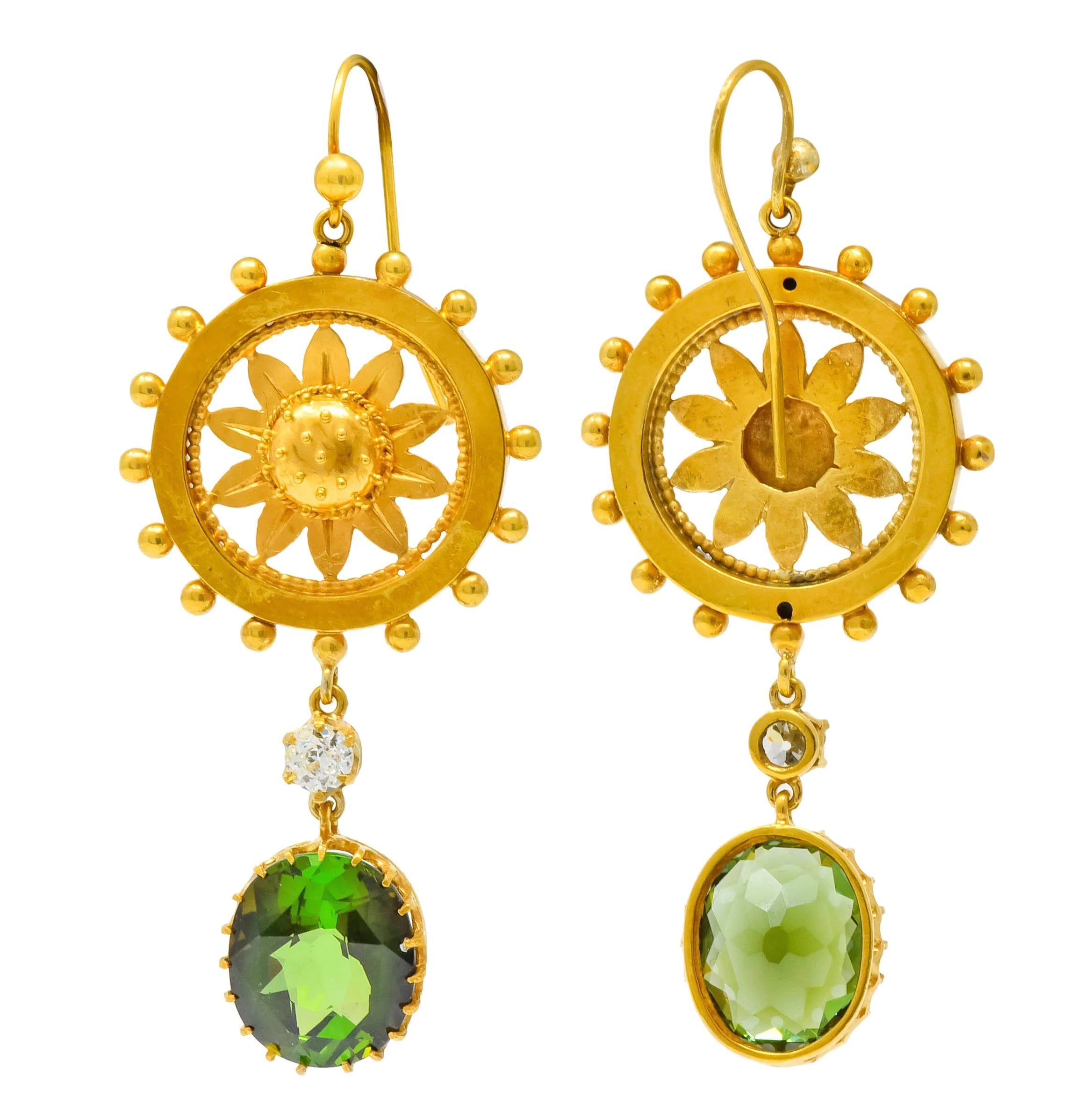 Victorian 10.36 CTW Tourmaline Diamond 14 Karat Gold Floral Drop Earrings - Image 6