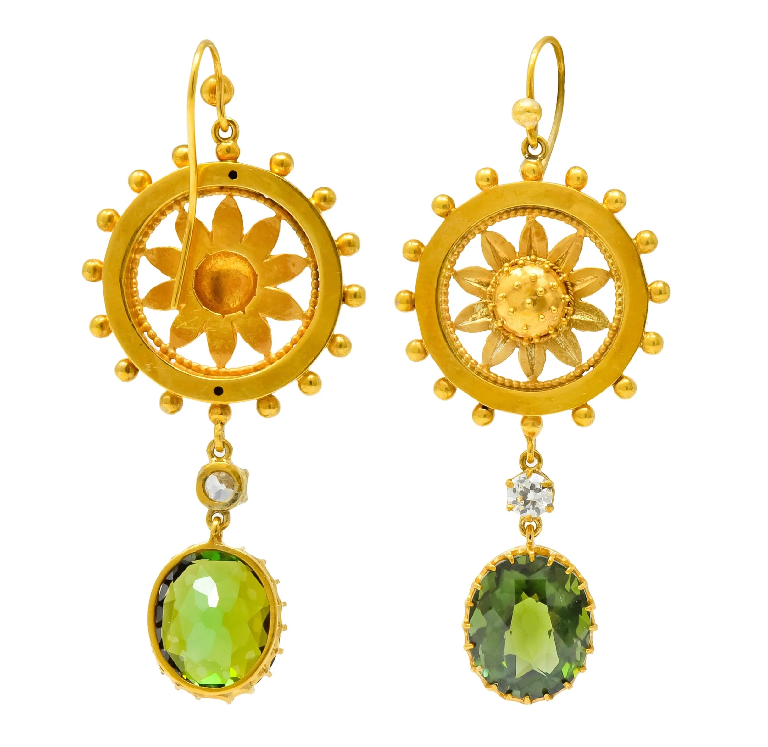 Victorian 10.36 CTW Tourmaline Diamond 14 Karat Gold Floral Drop Earrings - Image 7
