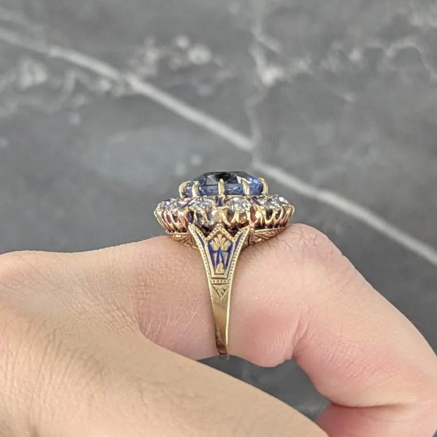 Victorian 11.06 CTW No Heat Ceylon Sapphire Diamond Enamel 14 Karat Yellow Gold Antique Halo Ring GIA - Image 13