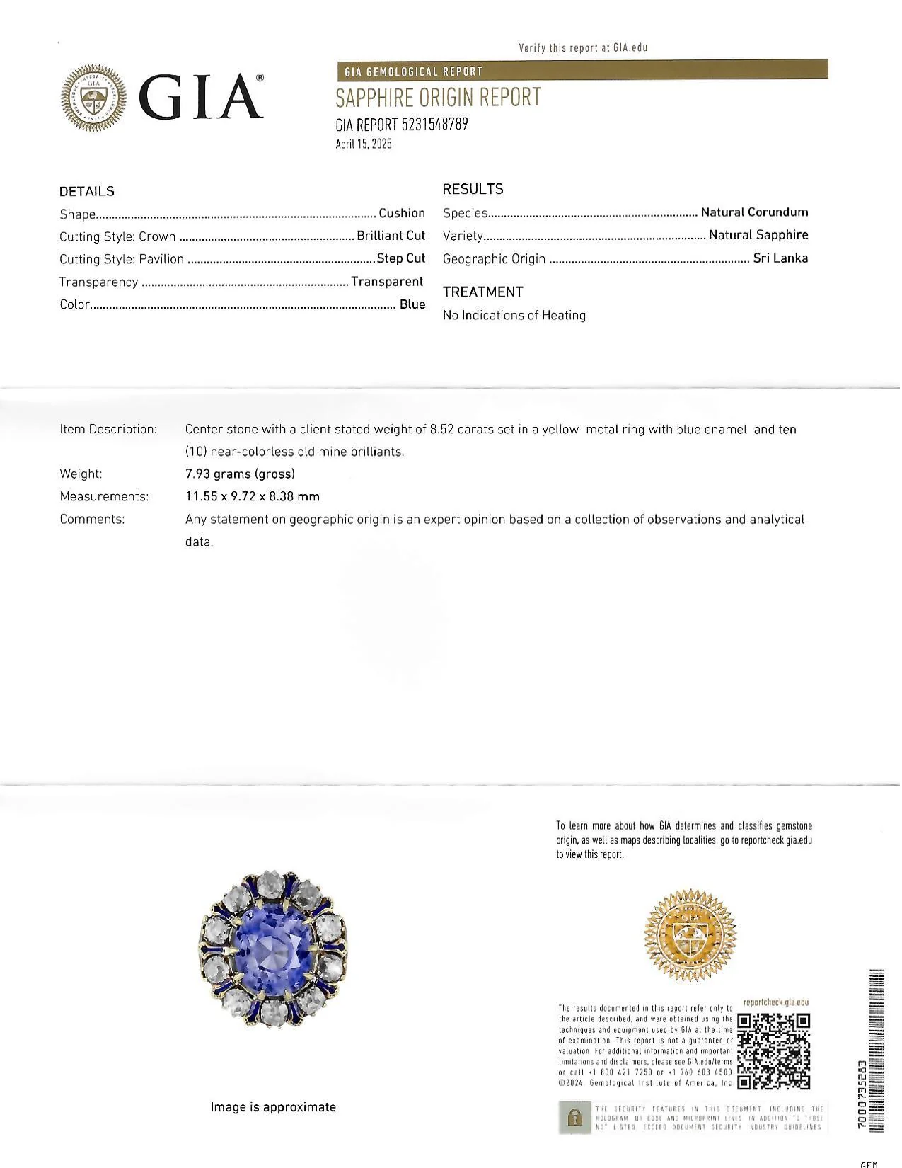 Victorian 11.06 CTW No Heat Ceylon Sapphire Diamond Enamel 14 Karat Yellow Gold Antique Halo Ring GIA - Image 14