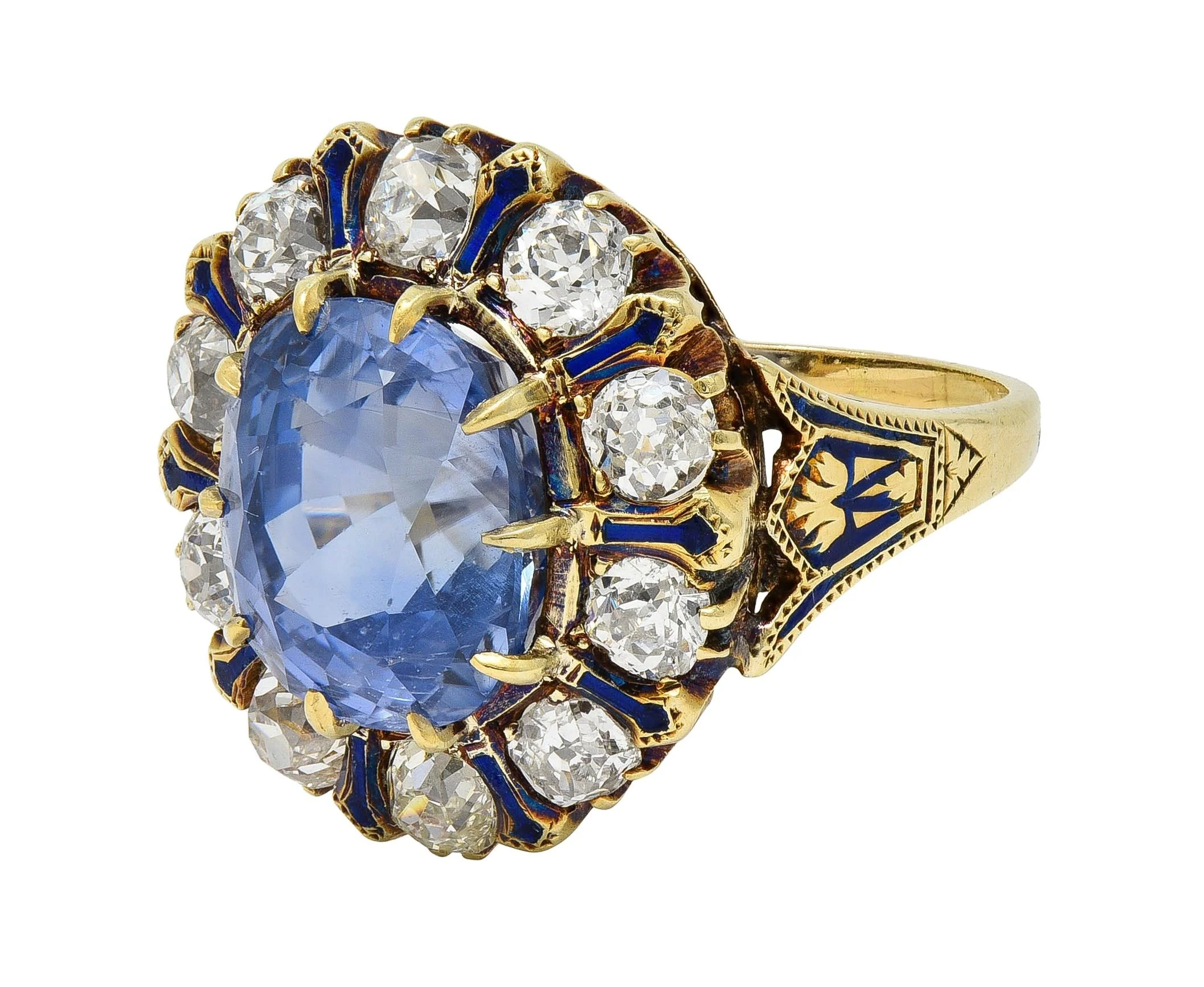Victorian 11.06 CTW No Heat Ceylon Sapphire Diamond Enamel 14 Karat Yellow Gold Antique Halo Ring GIA - Image 6