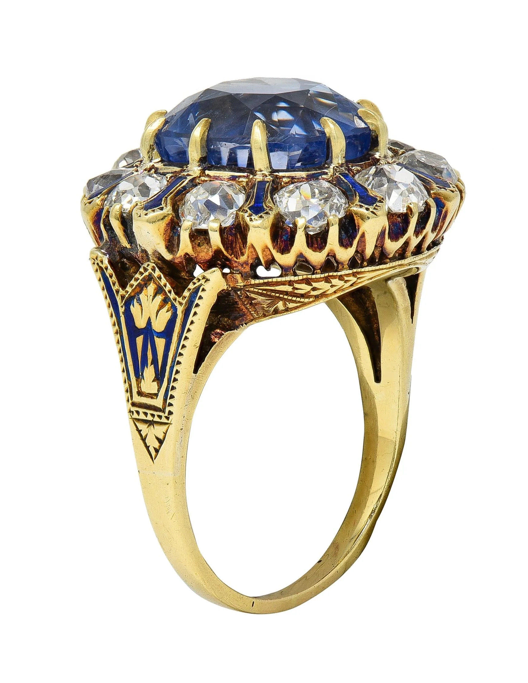 Victorian 11.06 CTW No Heat Ceylon Sapphire Diamond Enamel 14 Karat Yellow Gold Antique Halo Ring GIA - Image 9