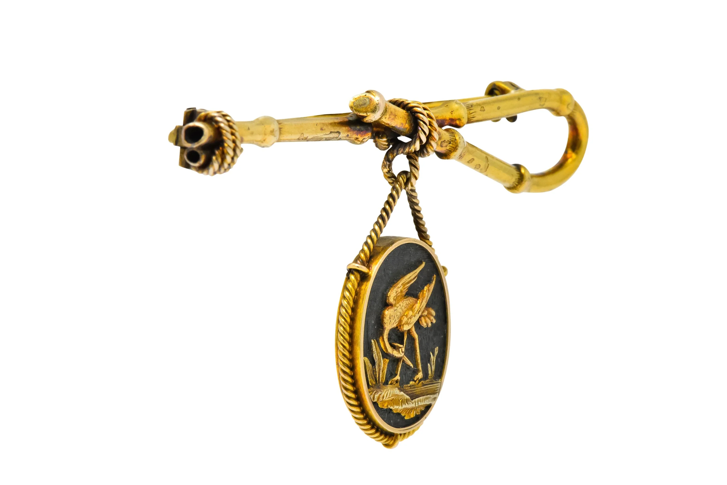 Victorian 14 Karat Gold and Mixed Metal Heron Bamboo Brooch - Image 3