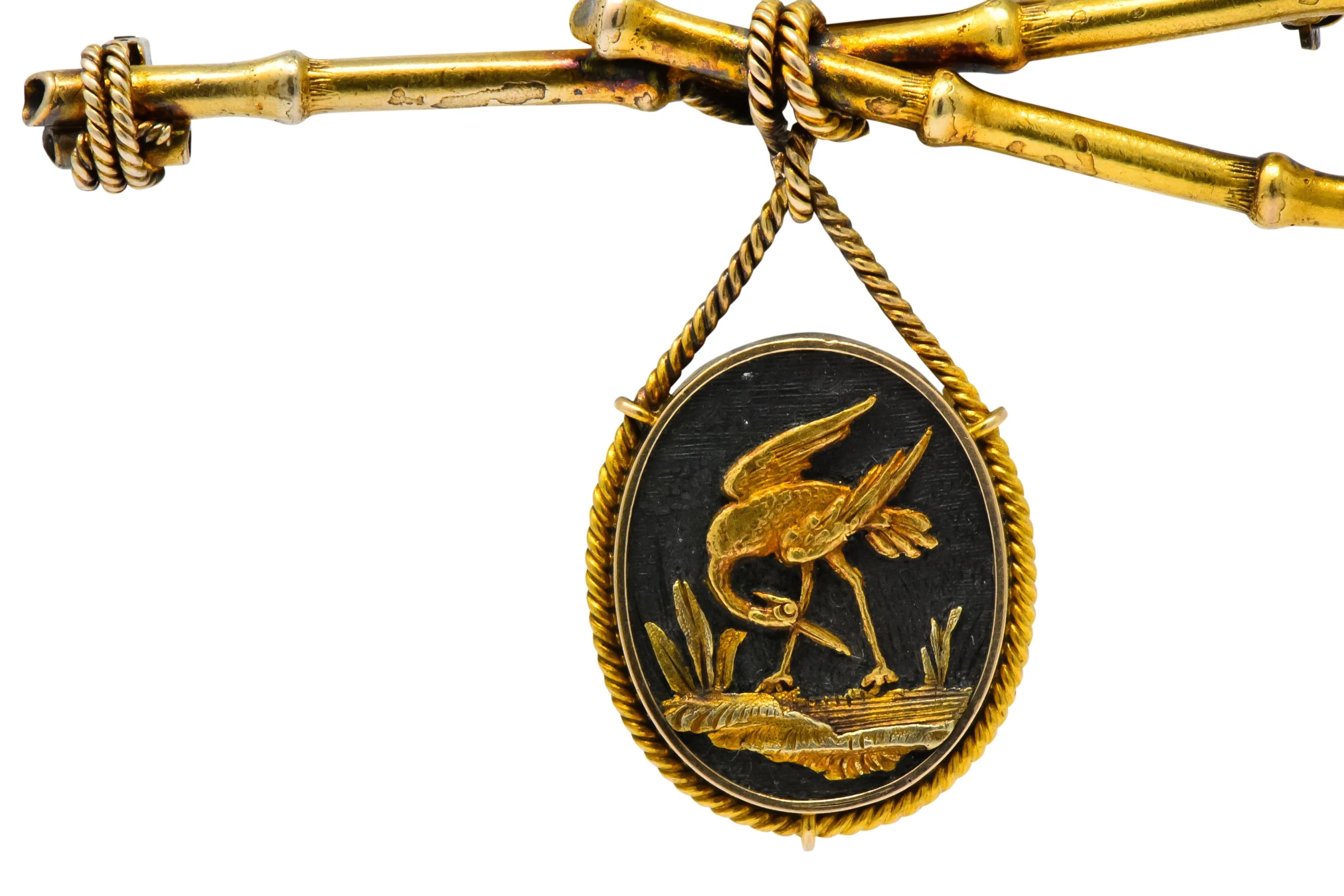 Victorian 14 Karat Gold and Mixed Metal Heron Bamboo Brooch - Image 4