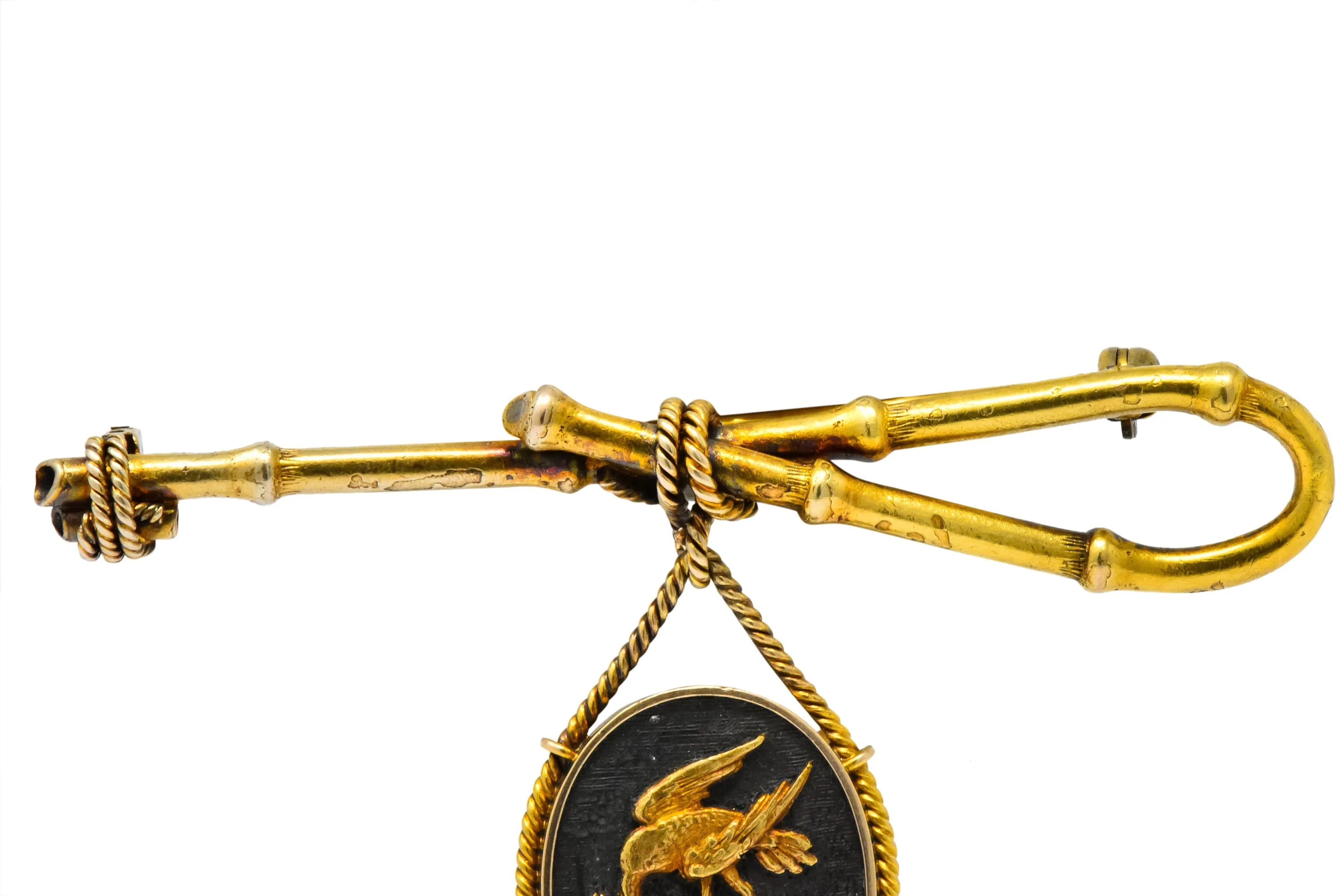Victorian 14 Karat Gold and Mixed Metal Heron Bamboo Brooch - Image 5
