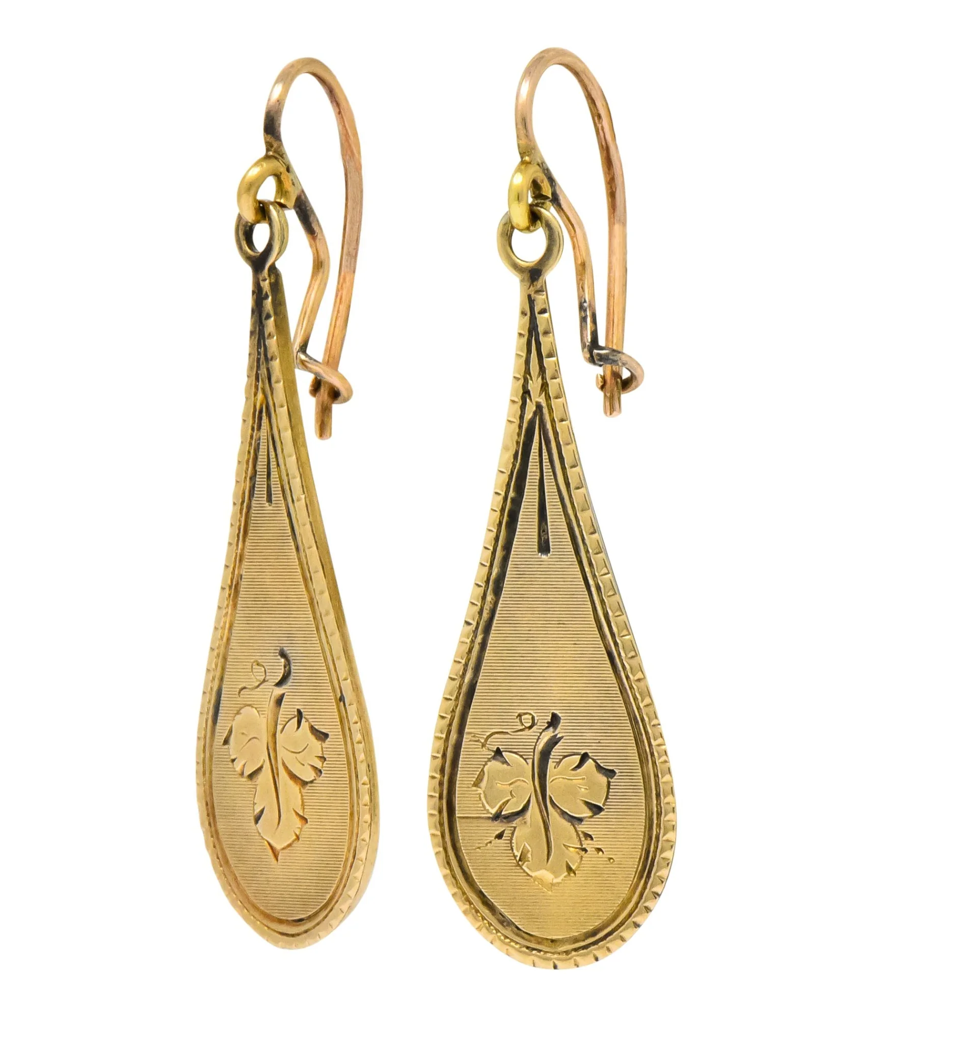 Victorian 14 Karat Gold Etched Clover Drop Earrings - Image 2