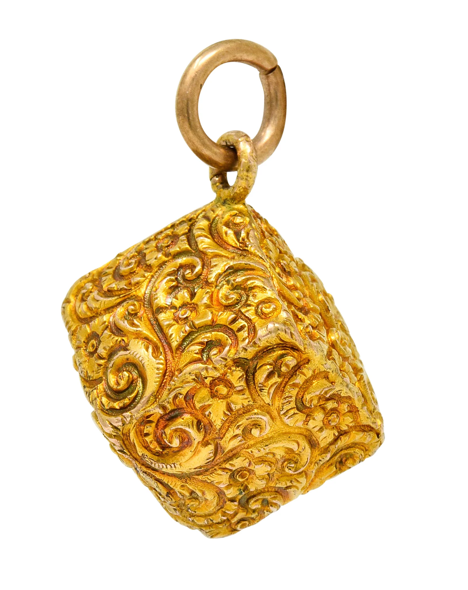 Victorian 14 Karat Gold Floral Foliate Cube Pendant Charm - Image 2