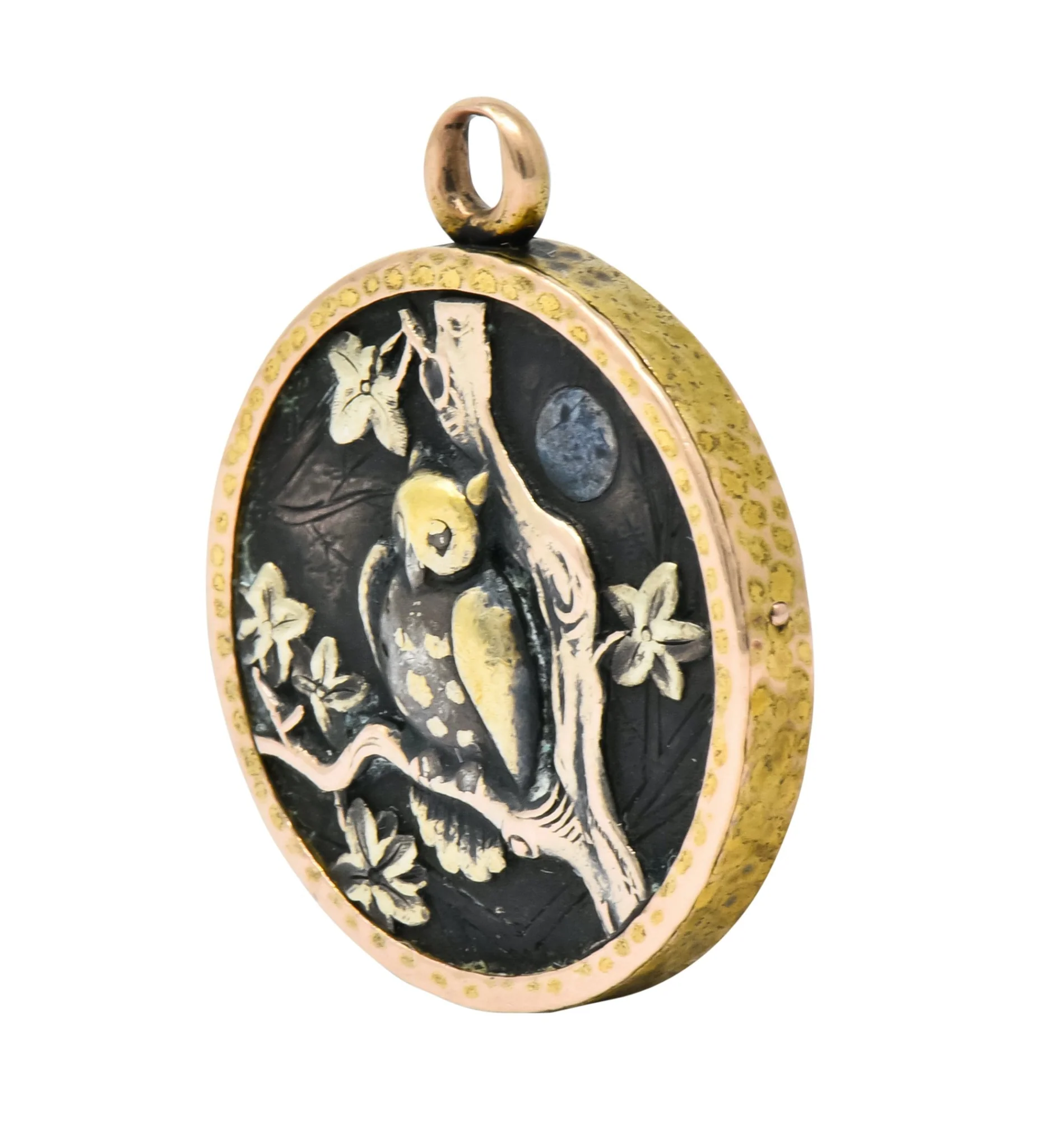 Victorian 14 Karat Gold Mixed Metal Shakudo Rooster Owl Pendant Charm - Image 3