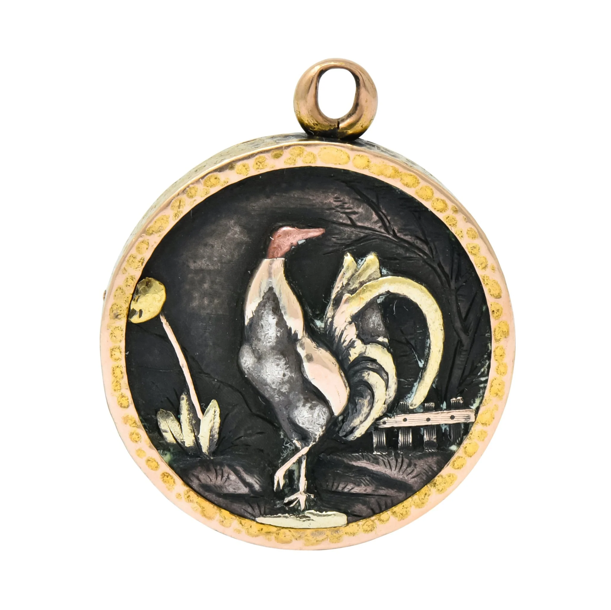 Victorian 14 Karat Gold Mixed Metal Shakudo Rooster Owl Pendant Charm - Image 4