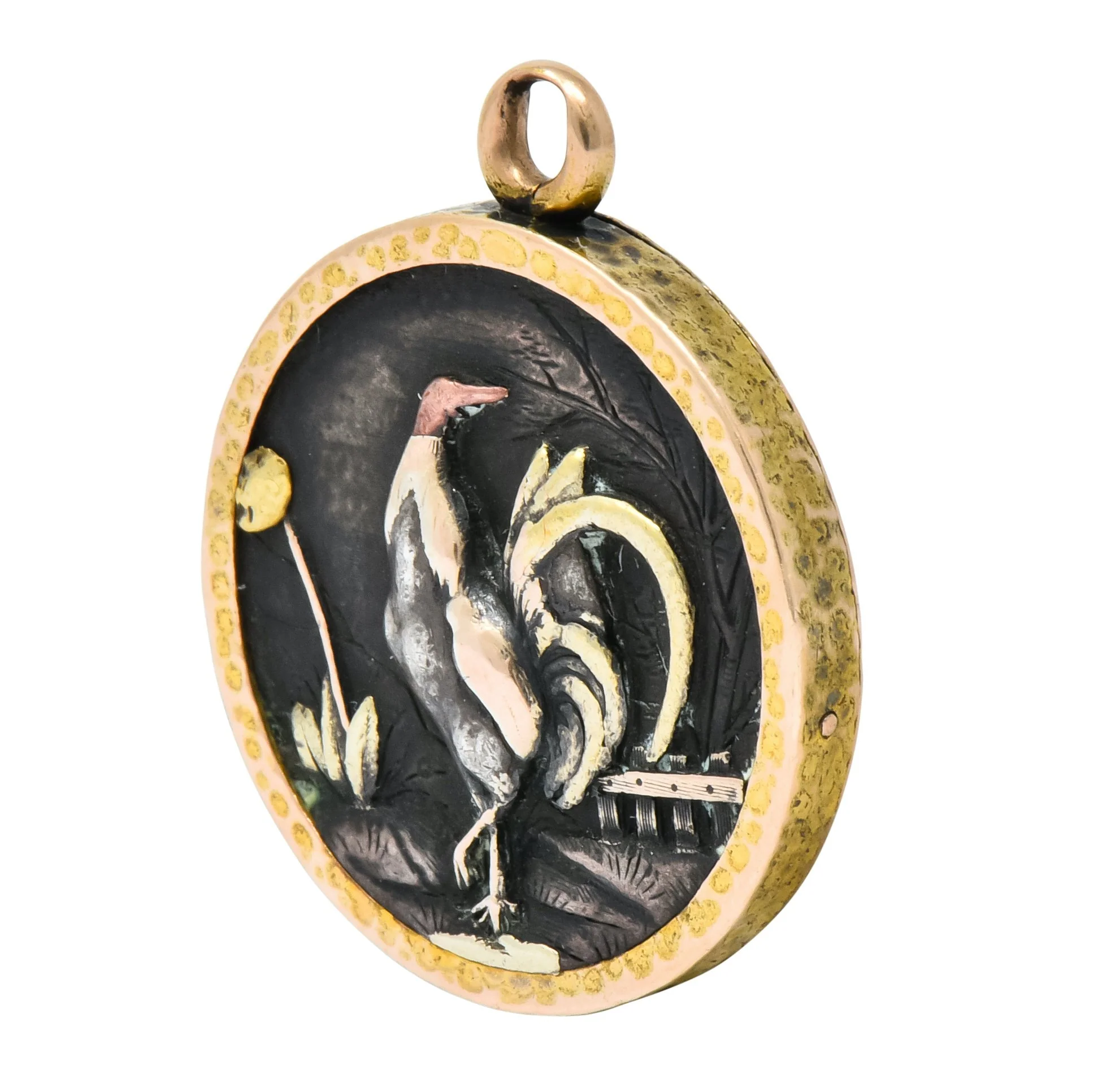 Victorian 14 Karat Gold Mixed Metal Shakudo Rooster Owl Pendant Charm - Image 5