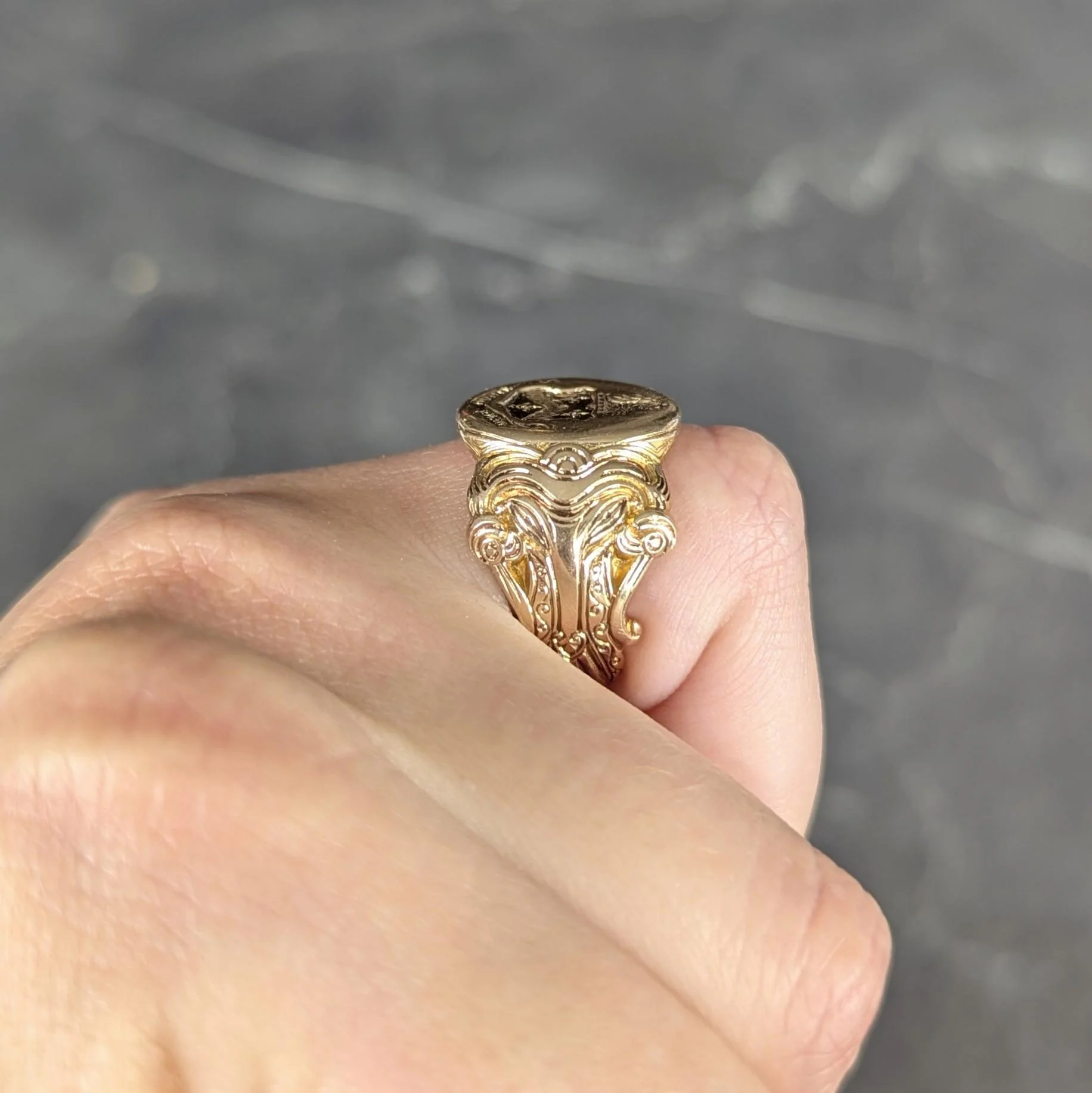 Victorian 14 Karat Yellow Gold Antique Heraldic Unisex Signet Ring - Image 8
