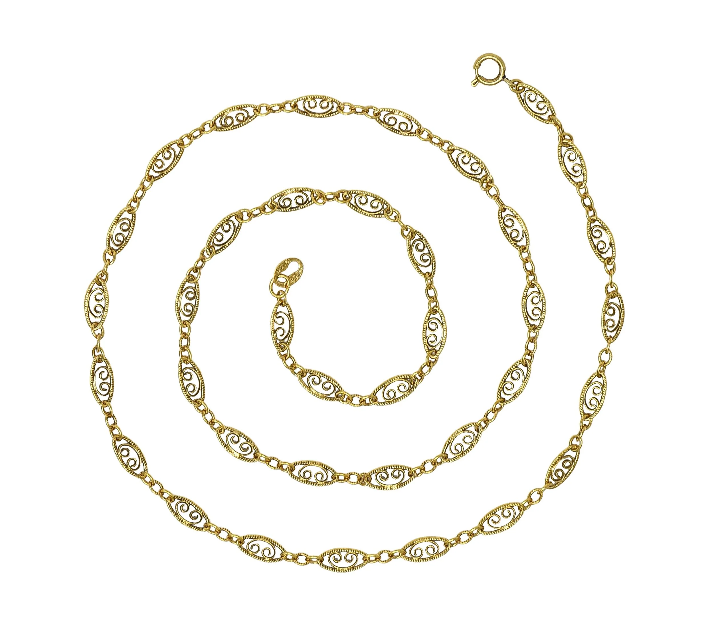 Victorian 14 Karat Yellow Gold Scrolling Navette Link Antique Chain Necklace - Image 2