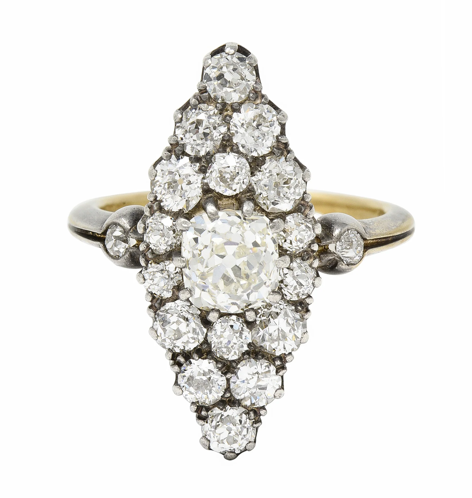 Victorian 1849 2.88 CTW Silver 18 Karat Gold Antique Navette Cluster Ring