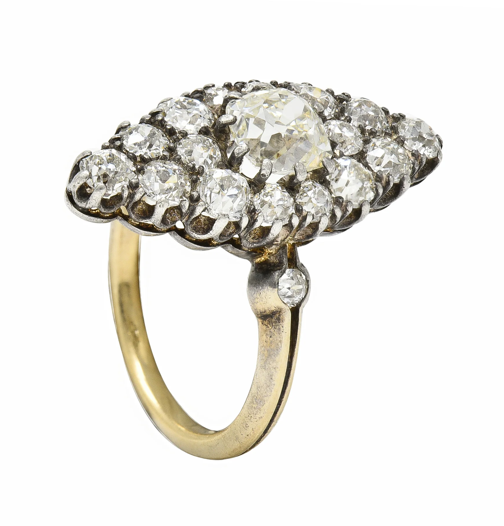 Victorian 1849 2.88 CTW Silver 18 Karat Gold Antique Navette Cluster Ring - Image 11