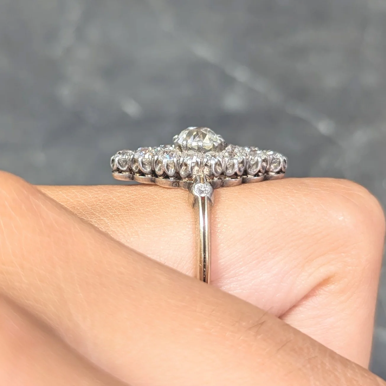Victorian 1849 2.88 CTW Silver 18 Karat Gold Antique Navette Cluster Ring - Image 14