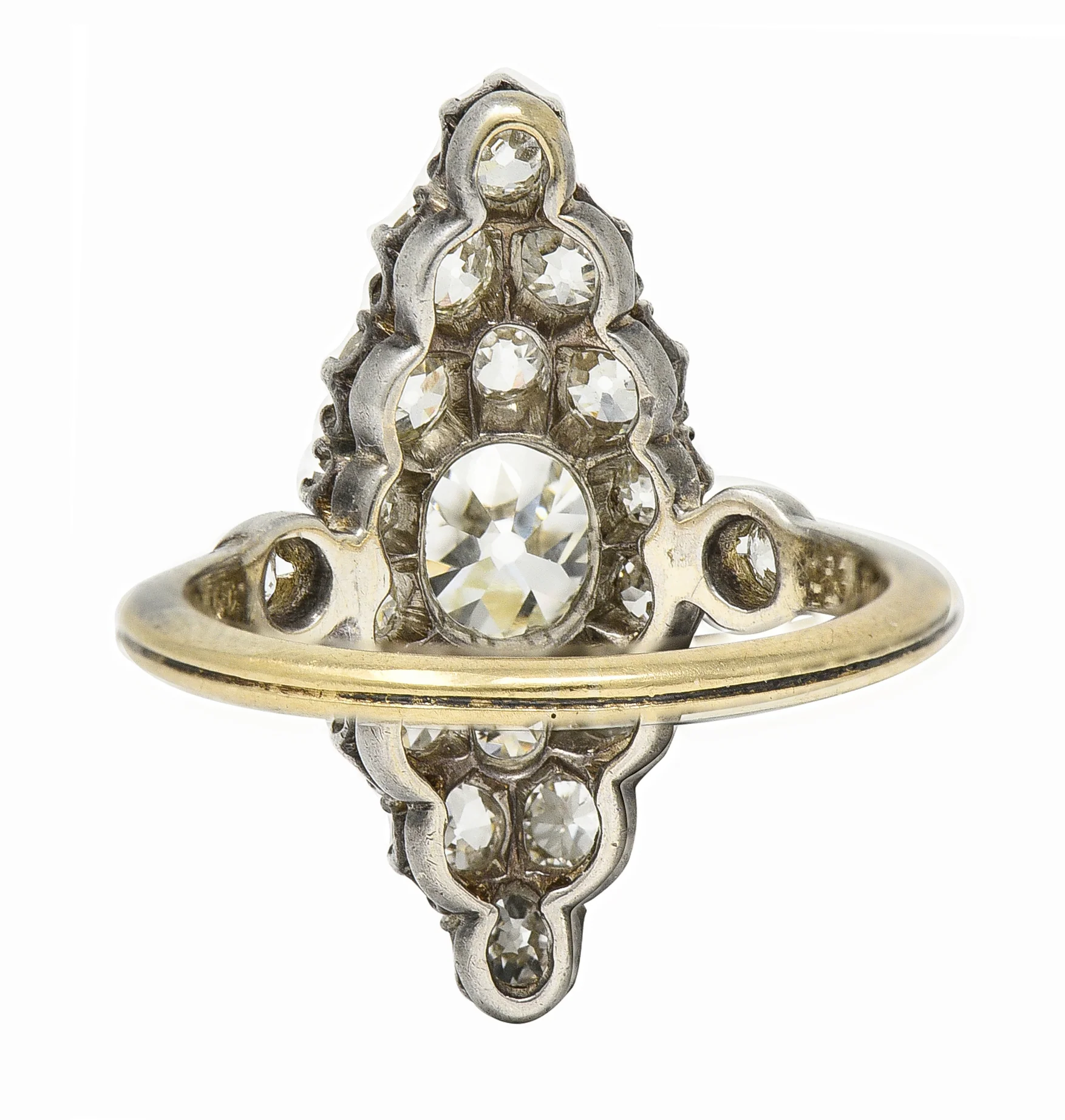 Victorian 1849 2.88 CTW Silver 18 Karat Gold Antique Navette Cluster Ring - Image 4