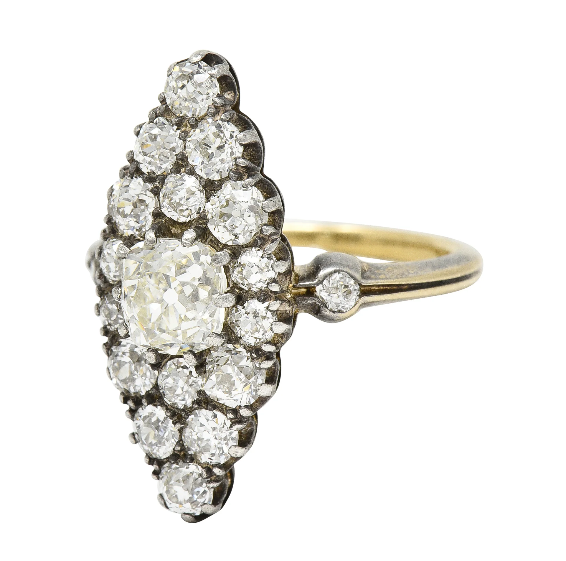 Victorian 1849 2.88 CTW Silver 18 Karat Gold Antique Navette Cluster Ring - Image 6