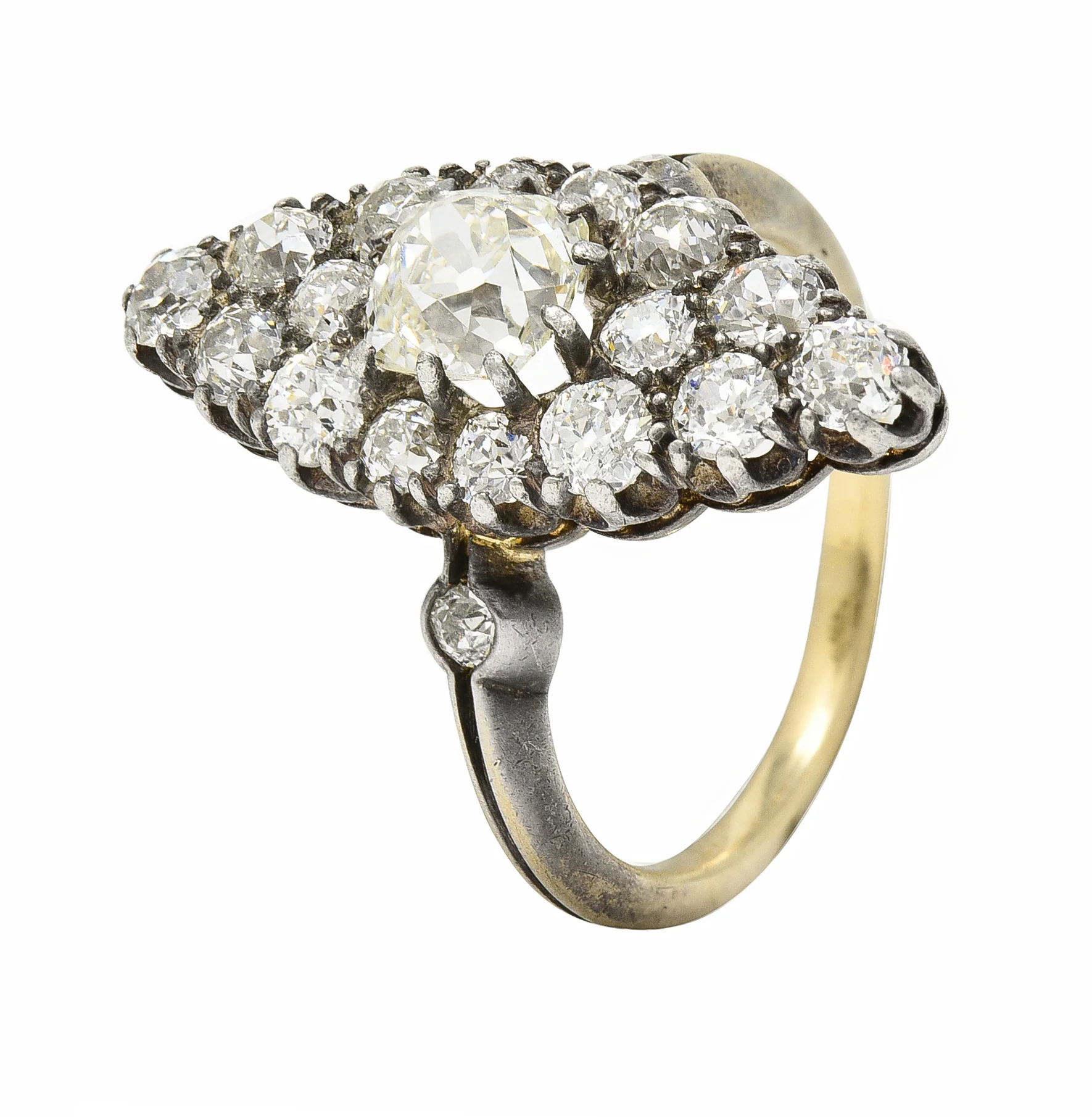 Victorian 1849 2.88 CTW Silver 18 Karat Gold Antique Navette Cluster Ring - Image 8