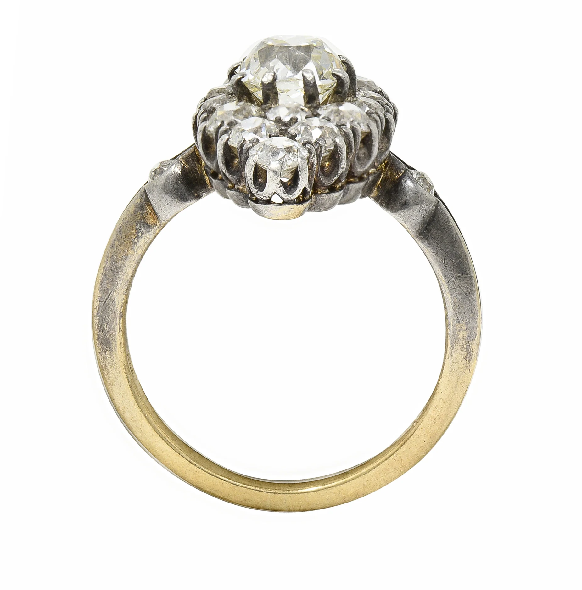 Victorian 1849 2.88 CTW Silver 18 Karat Gold Antique Navette Cluster Ring - Image 9