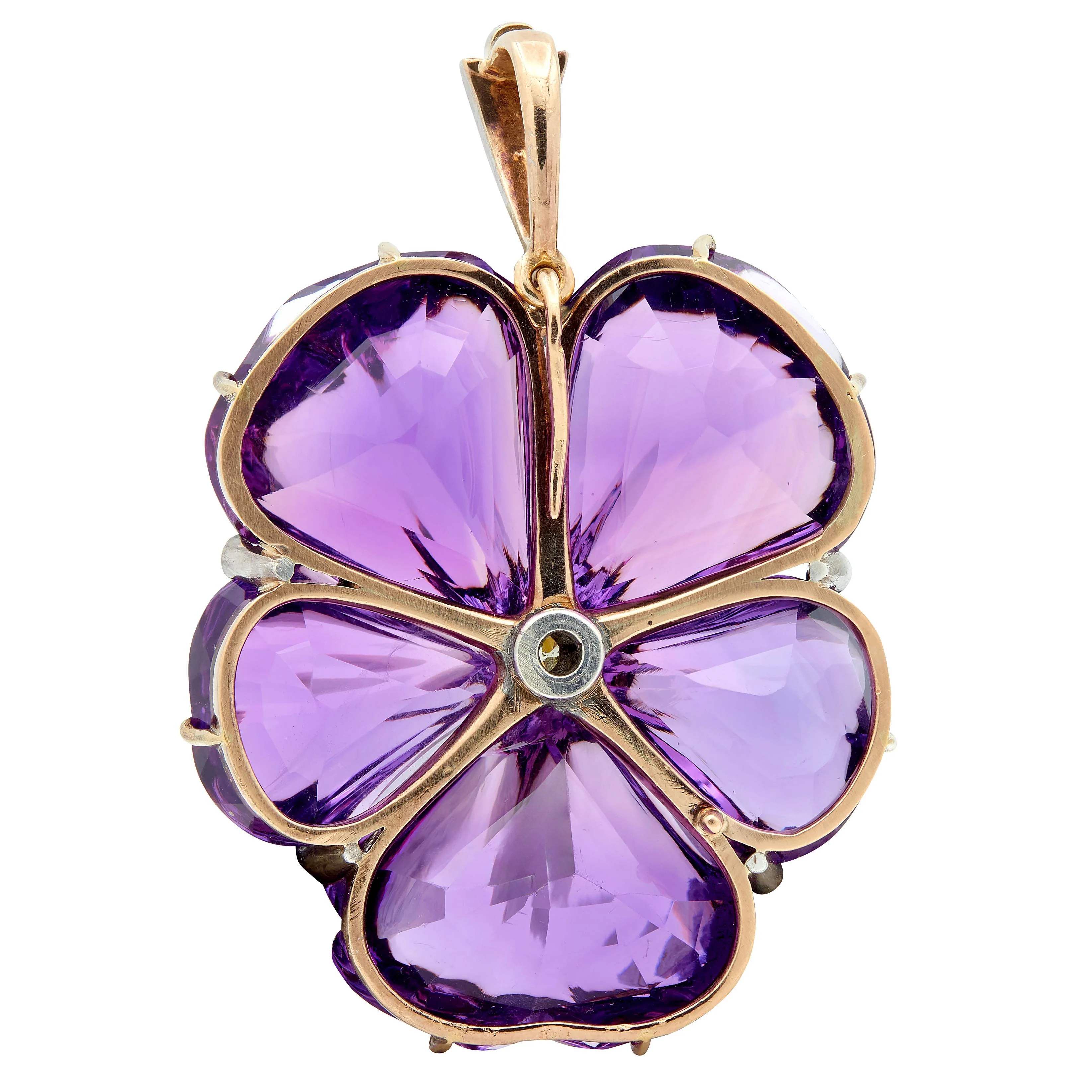 Victorian 1850 Carved Amethyst Diamond Silver 14 Karat Rose Gold Antique Pansy Pendant - Image 3
