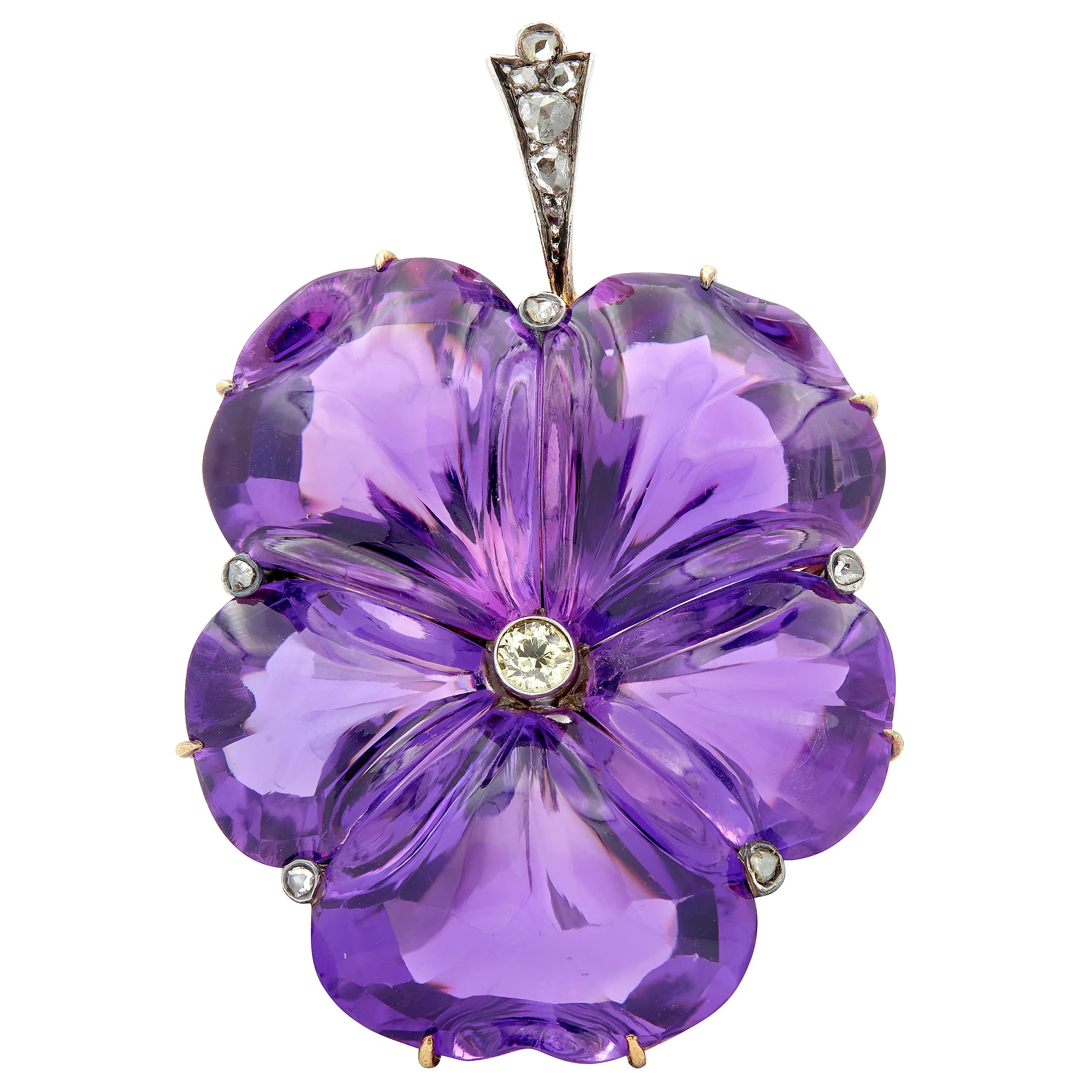 Victorian 1850 Carved Amethyst Diamond Silver 14 Karat Rose Gold Antique Pansy Pendant - Image 4