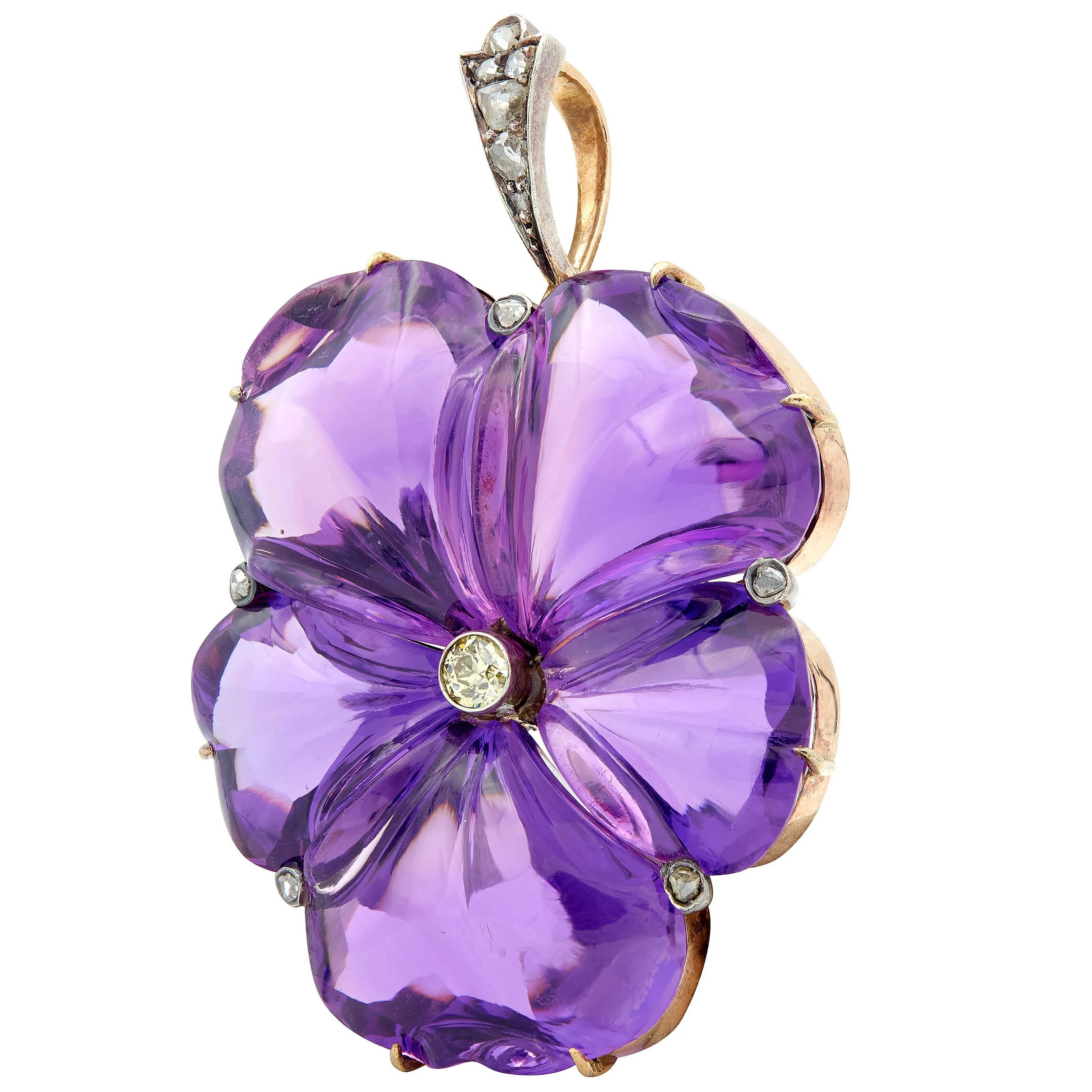 Victorian 1850 Carved Amethyst Diamond Silver 14 Karat Rose Gold Antique Pansy Pendant - Image 5